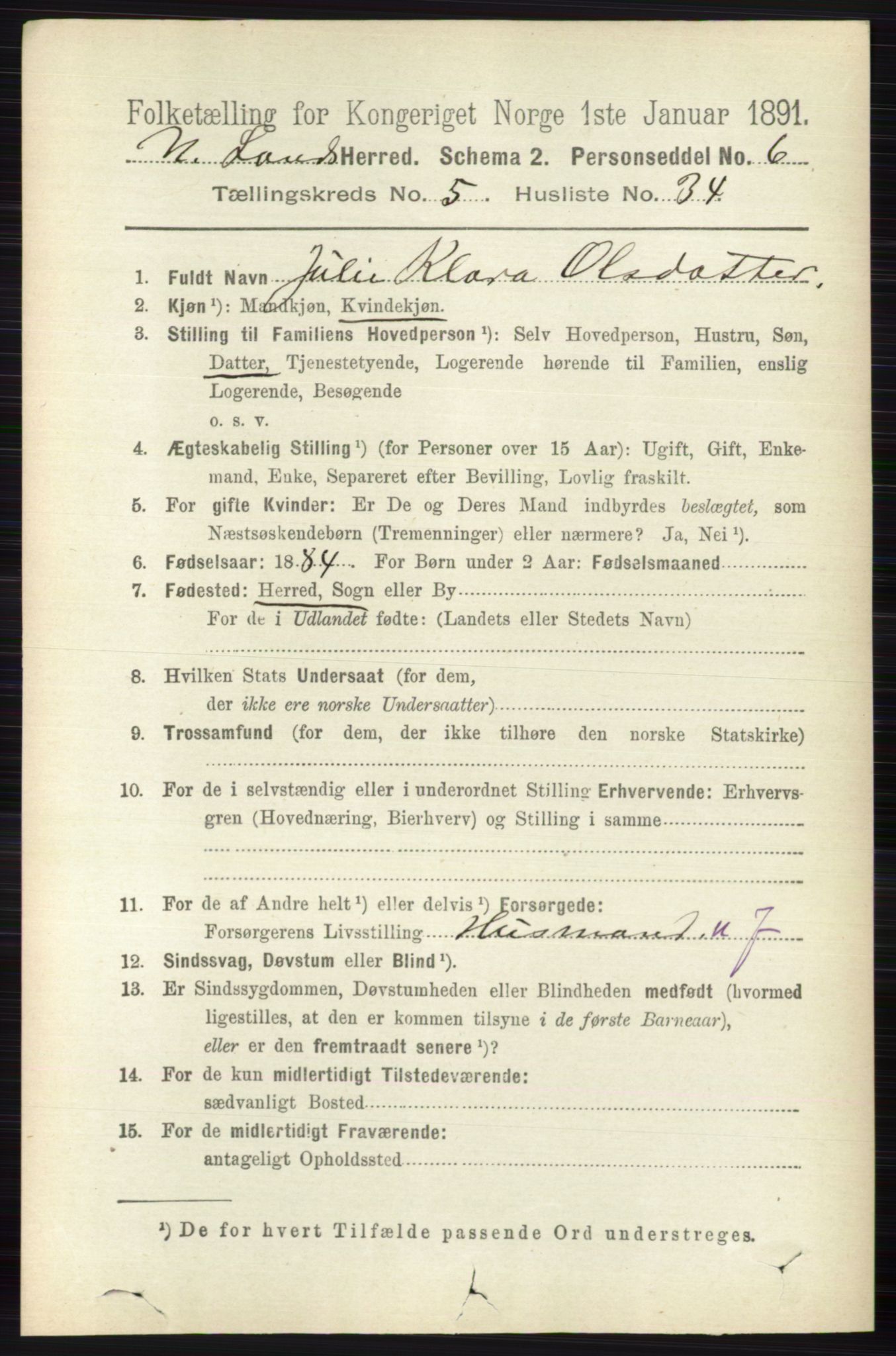 RA, 1891 census for 0538 Nordre Land, 1891, p. 1750