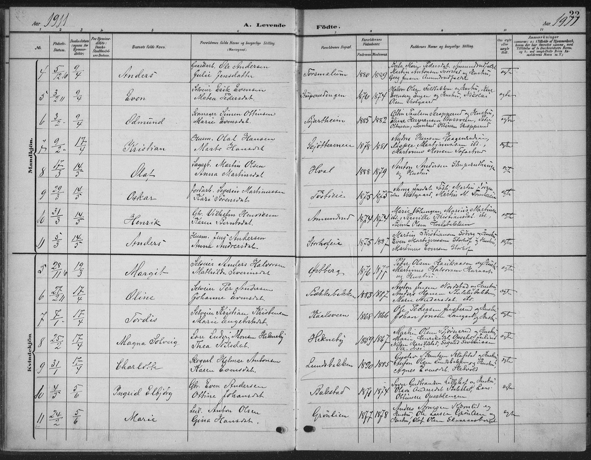 Romedal prestekontor, AV/SAH-PREST-004/K/L0009: Parish register (official) no. 9, 1906-1929, p. 22