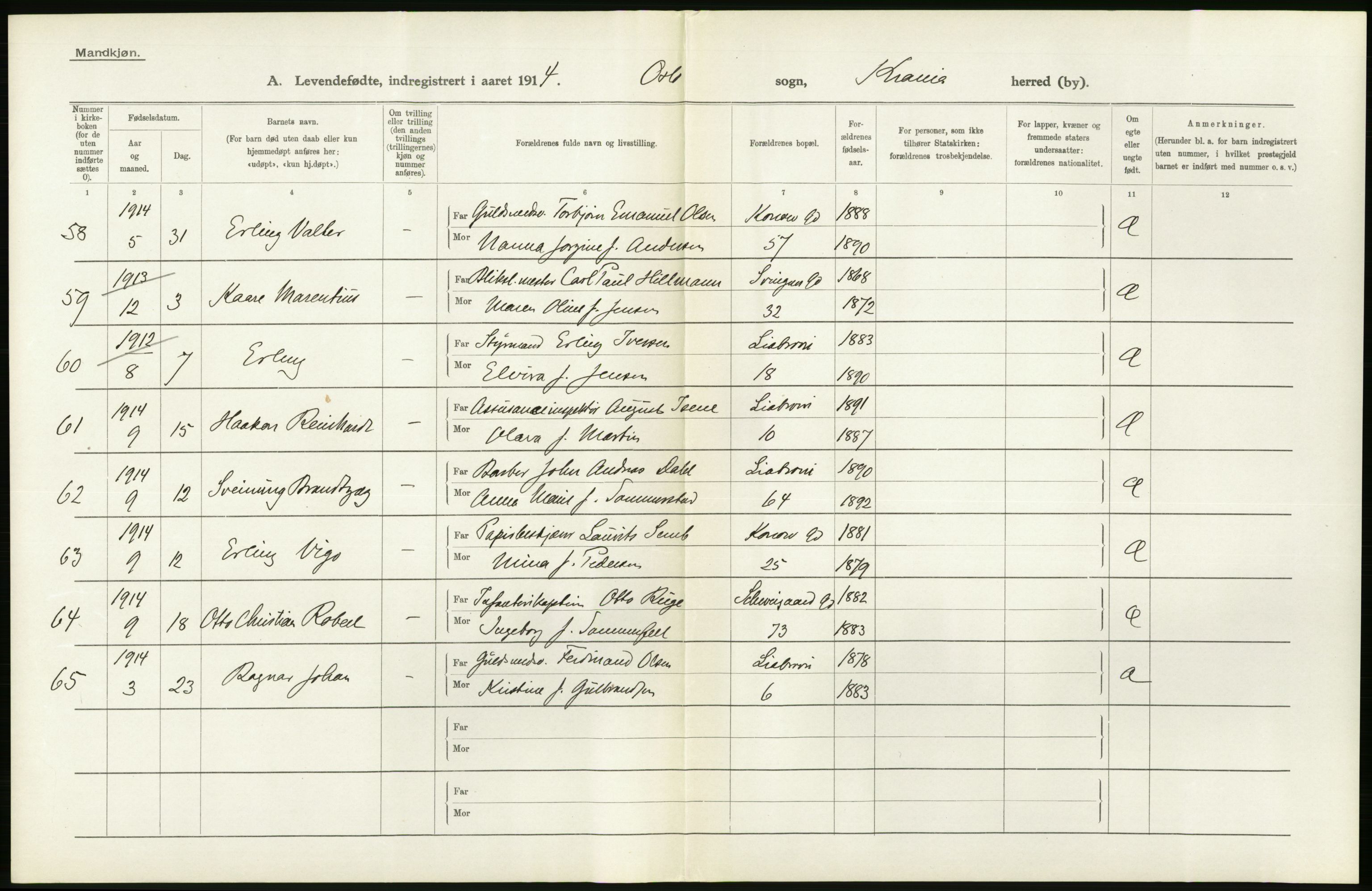 Statistisk sentralbyrå, Sosiodemografiske emner, Befolkning, RA/S-2228/D/Df/Dfb/Dfbd/L0005: Kristiania: Levendefødte menn og kvinner., 1914, p. 490