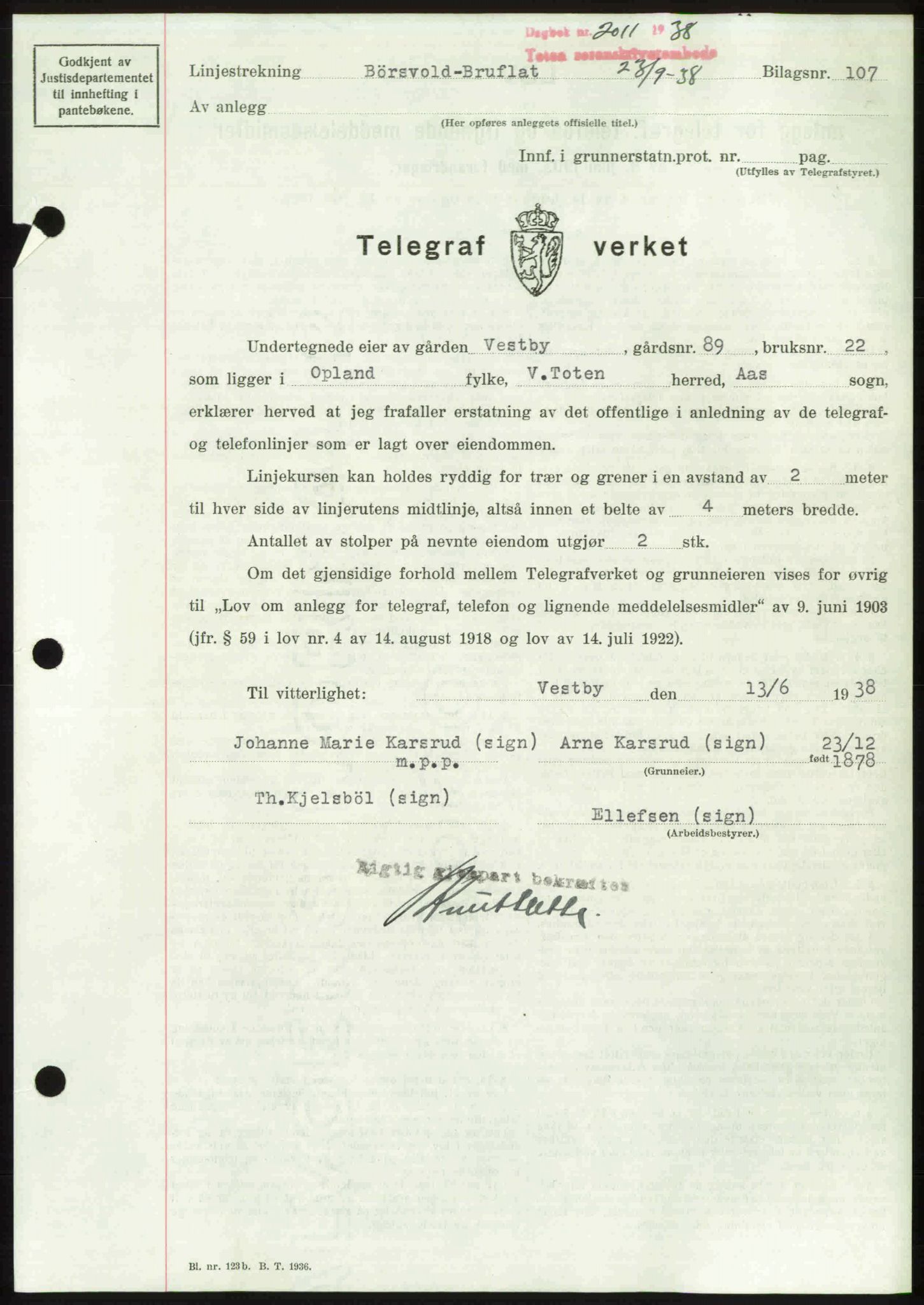 Toten tingrett, SAH/TING-006/H/Hb/Hbc/L0004: Mortgage book no. Hbc-04, 1938-1938, Diary no: : 2011/1938