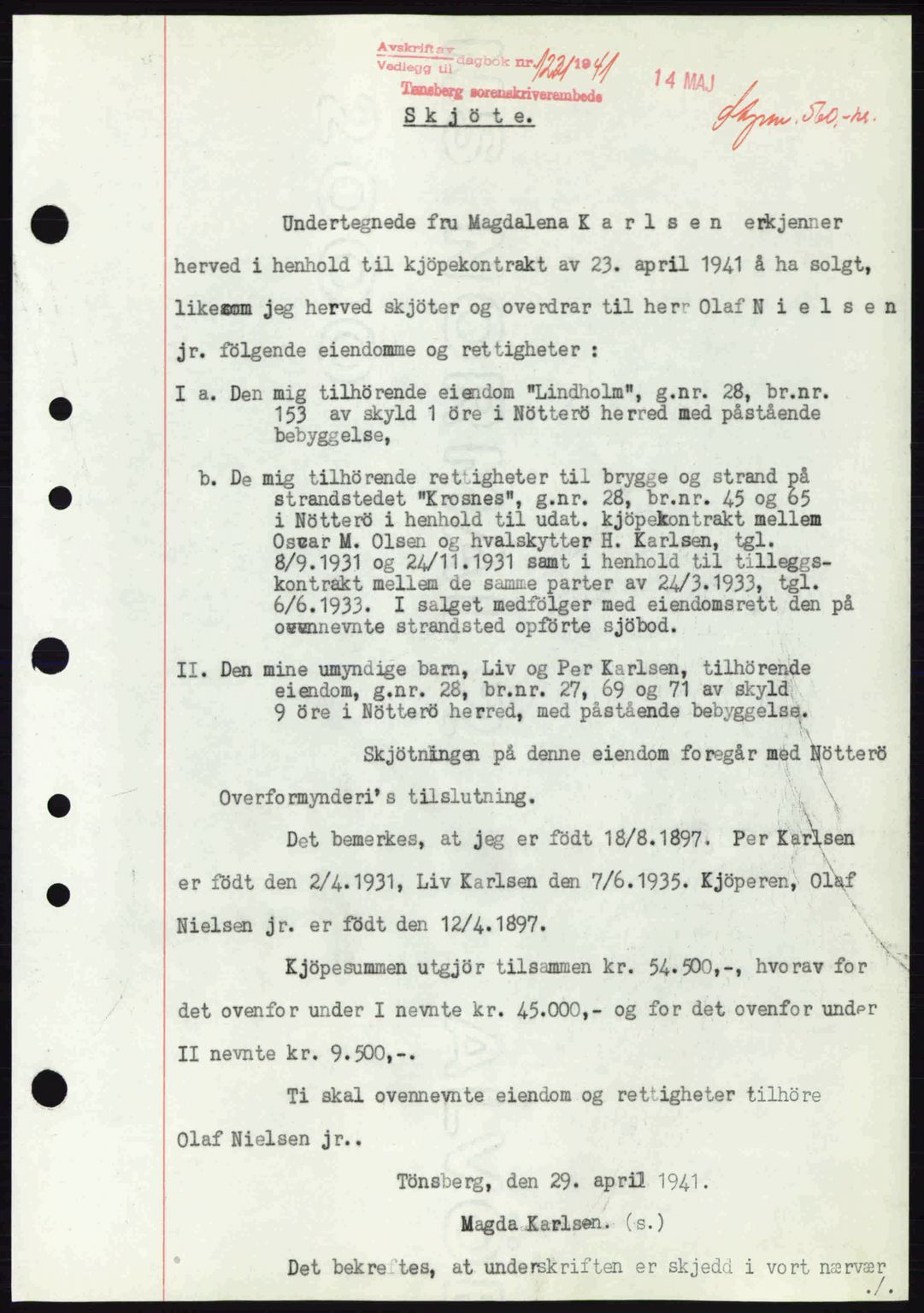 Tønsberg sorenskriveri, AV/SAKO-A-130/G/Ga/Gaa/L0010: Mortgage book no. A10, 1941-1941, Diary no: : 1221/1941