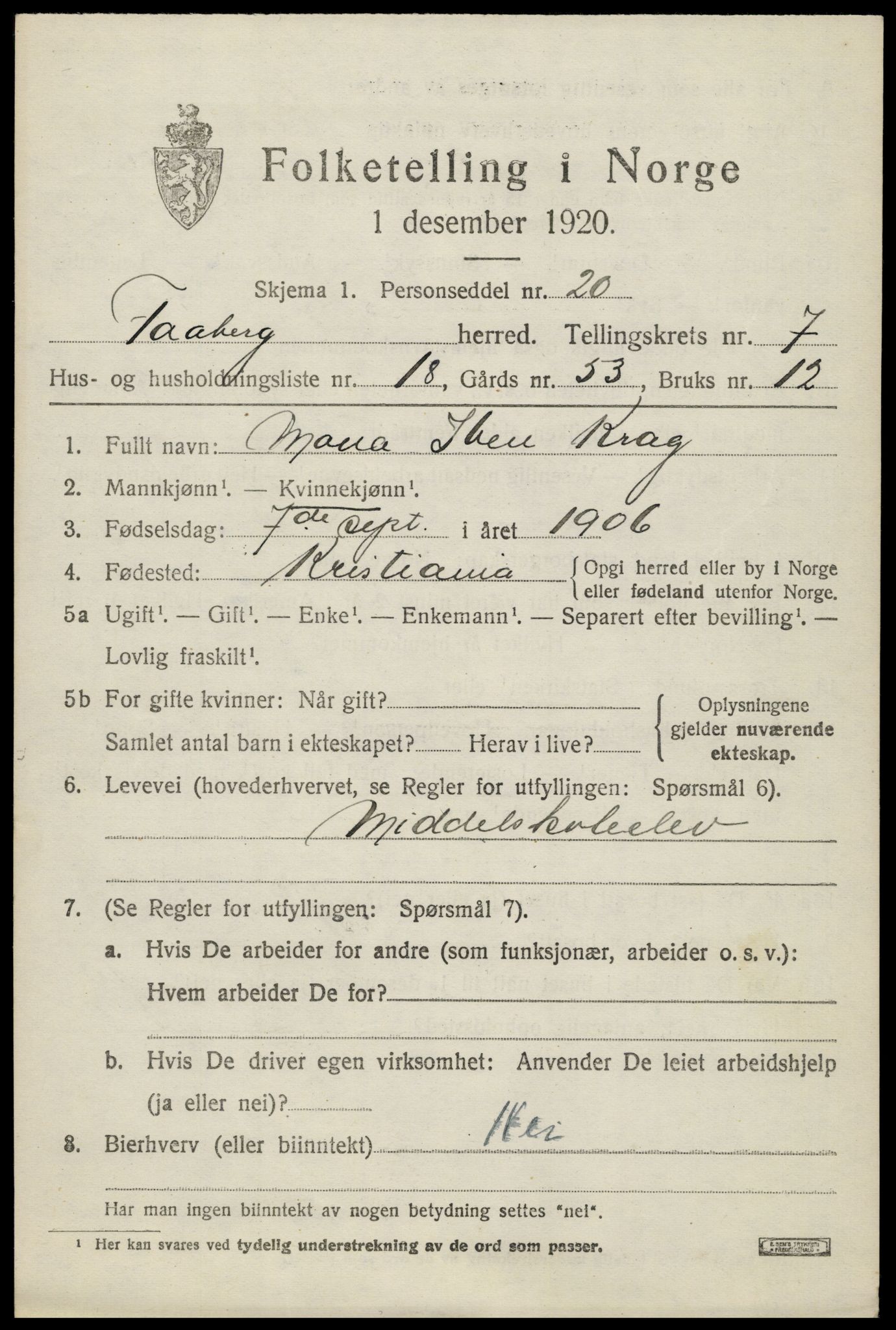 SAH, 1920 census for Fåberg, 1920, p. 8108