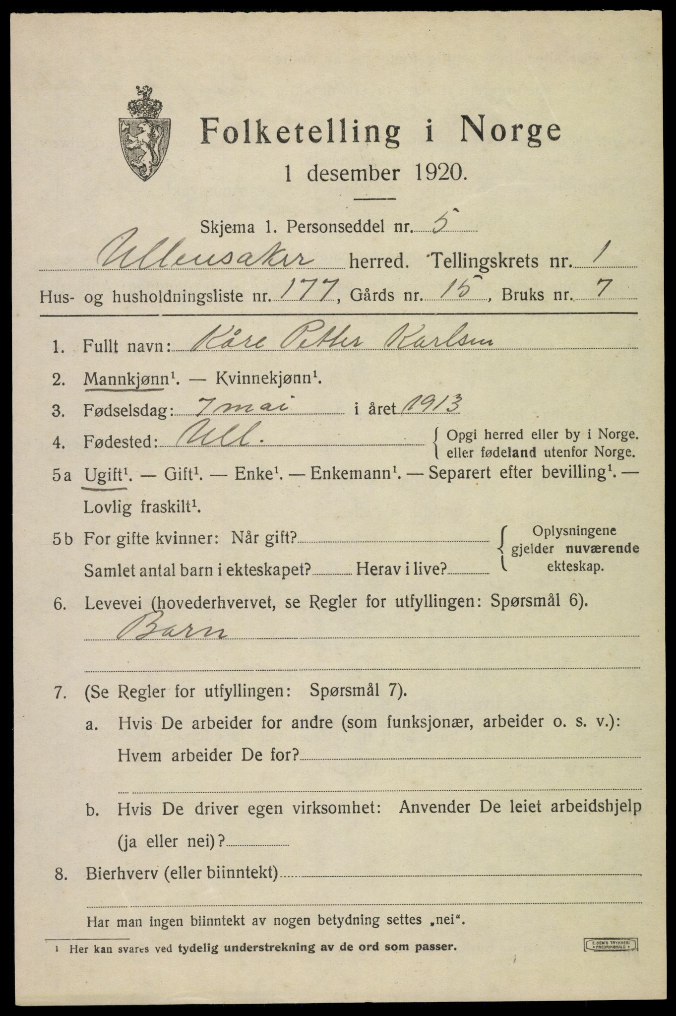 SAO, 1920 census for Ullensaker, 1920, p. 4649