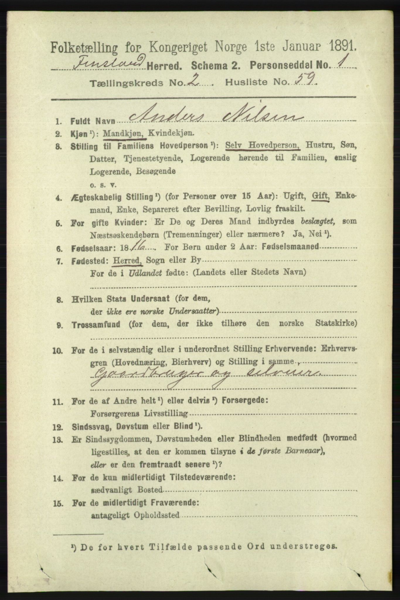 RA, 1891 census for 1023 Finsland, 1891, p. 718