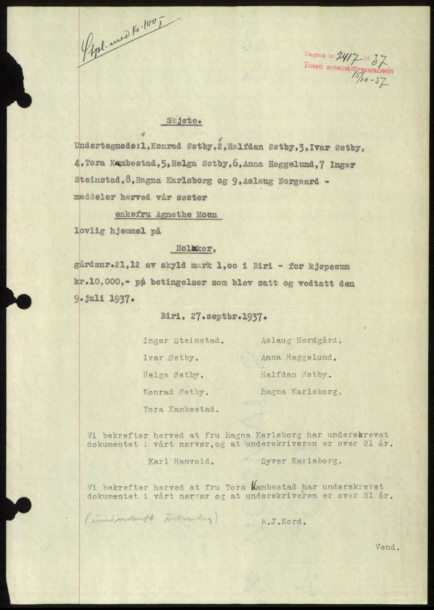 Toten tingrett, SAH/TING-006/H/Hb/Hbc/L0003: Mortgage book no. Hbc-03, 1937-1938, Diary no: : 2417/1937