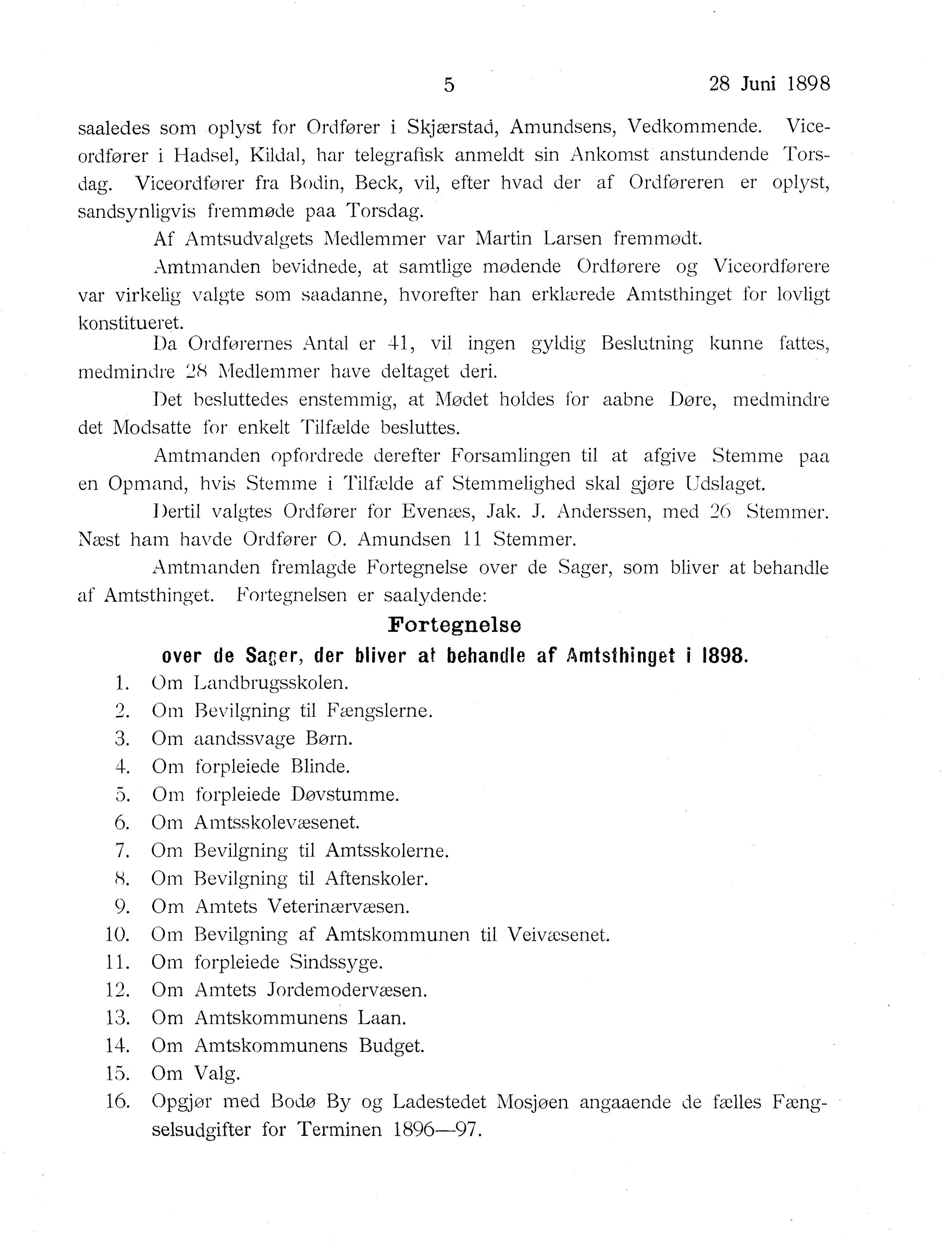 Nordland Fylkeskommune. Fylkestinget, AIN/NFK-17/176/A/Ac/L0021: Fylkestingsforhandlinger 1898, 1898, p. 5