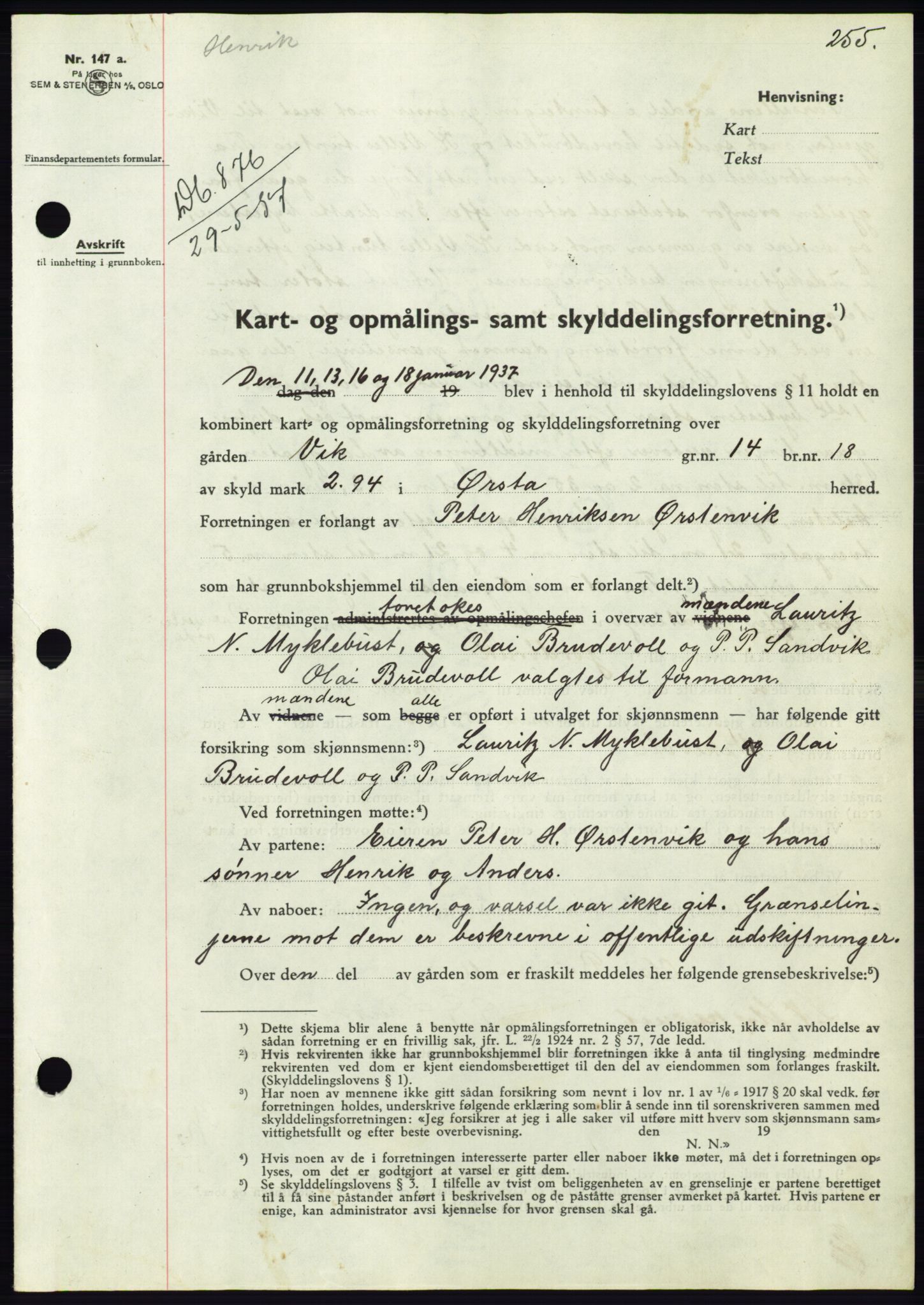 Søre Sunnmøre sorenskriveri, AV/SAT-A-4122/1/2/2C/L0063: Mortgage book no. 57, 1937-1937, Diary no: : 876/1937