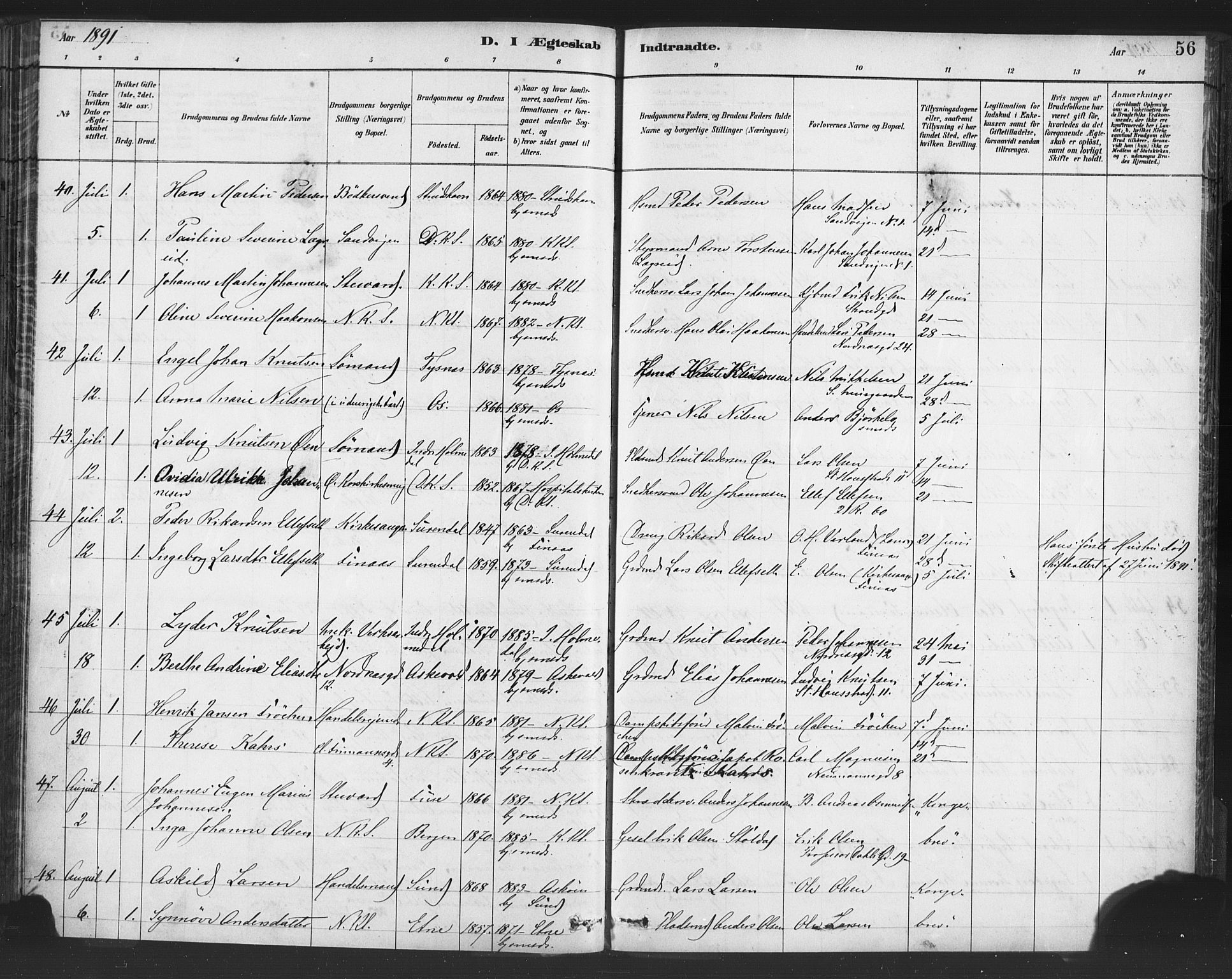Nykirken Sokneprestembete, SAB/A-77101/H/Haa/L0033: Parish register (official) no. D 3, 1884-1895, p. 56