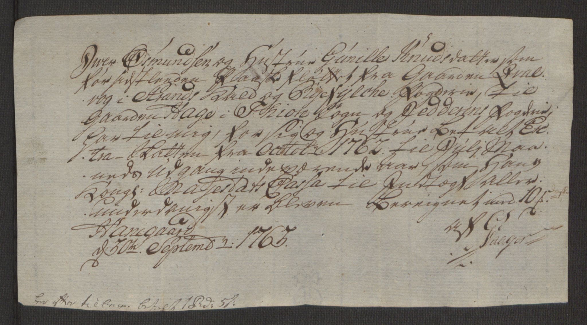 Rentekammeret inntil 1814, Reviderte regnskaper, Hovedkasseregnskaper, AV/RA-EA-4065/Rf/L0072b: Ekstraskatteregnskap, 1762, p. 459