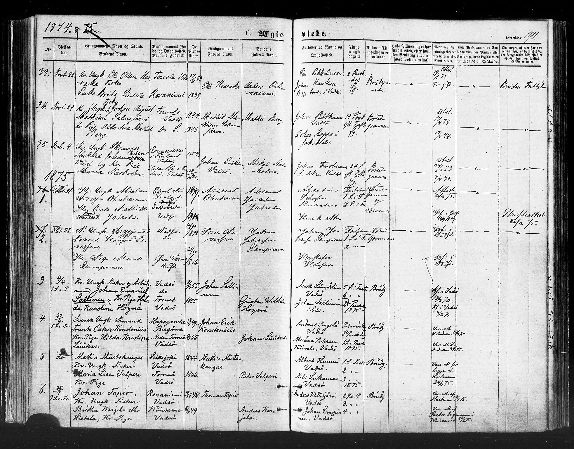 Vadsø sokneprestkontor, SATØ/S-1325/H/Ha/L0005kirke: Parish register (official) no. 5, 1873-1884, p. 191