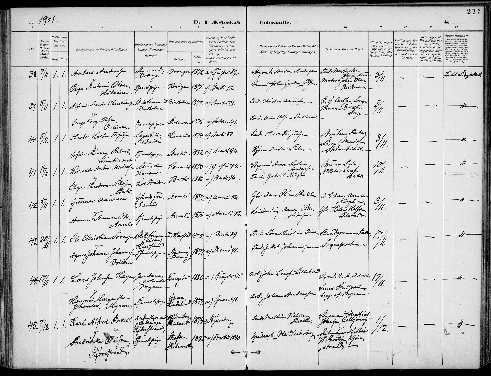 Barbu sokneprestkontor, AV/SAK-1111-0003/F/Fa/L0005: Parish register (official) no. A 5, 1899-1909, p. 227