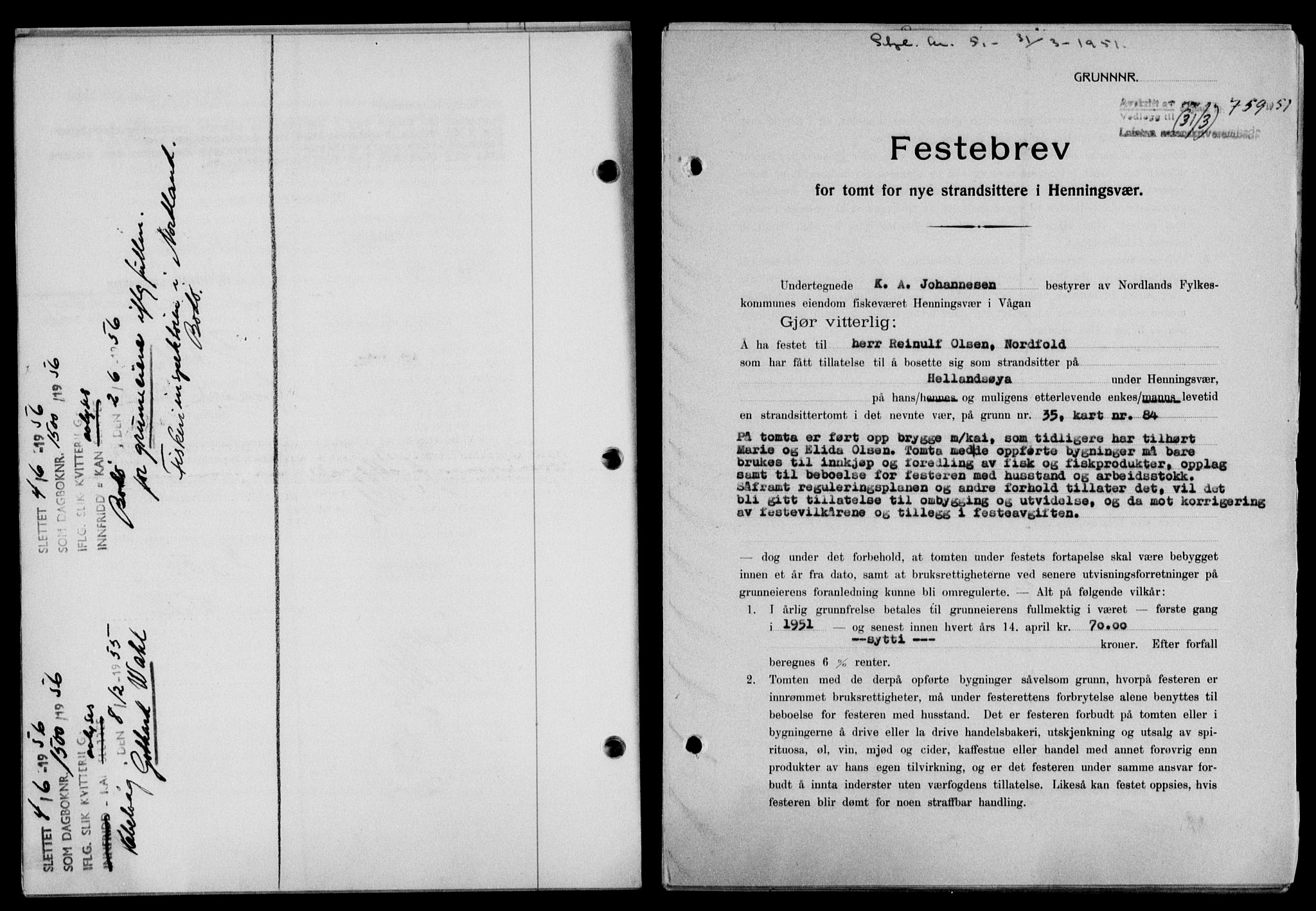 Lofoten sorenskriveri, SAT/A-0017/1/2/2C/L0025a: Mortgage book no. 25a, 1950-1951, Diary no: : 416/1951