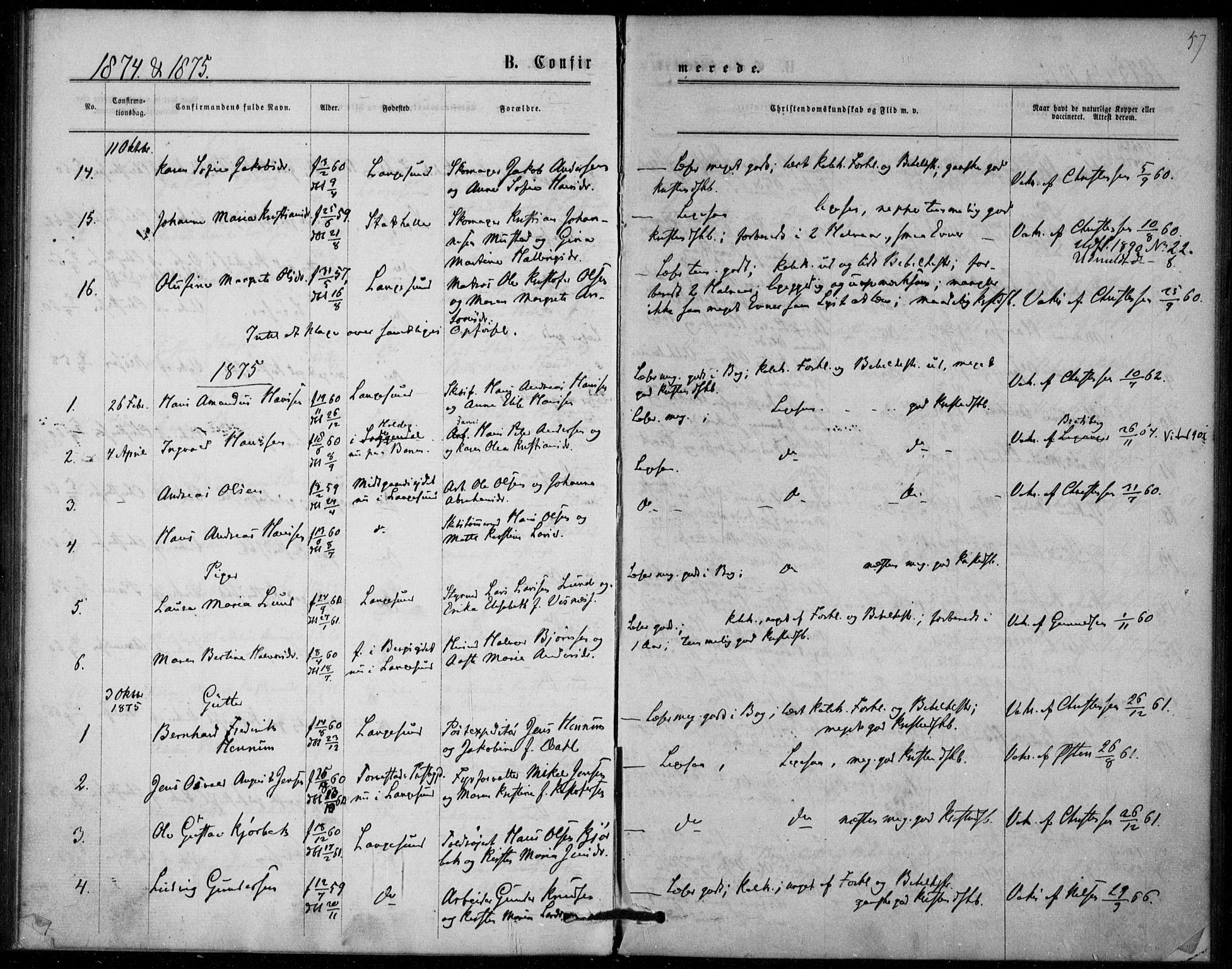 Langesund kirkebøker, SAKO/A-280/F/Fa/L0001: Parish register (official) no. 1, 1870-1877, p. 57