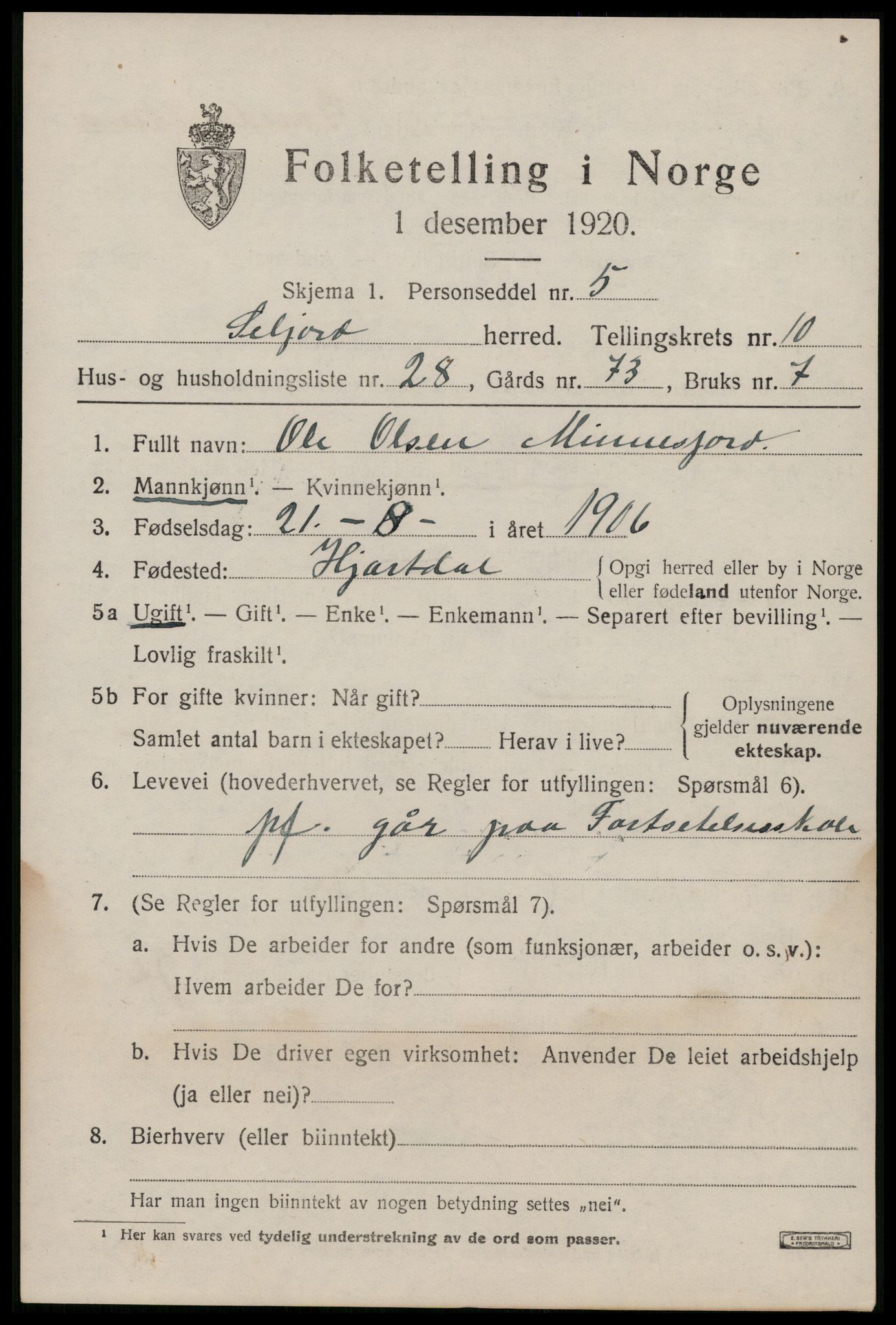 SAKO, 1920 census for Seljord, 1920, p. 5022