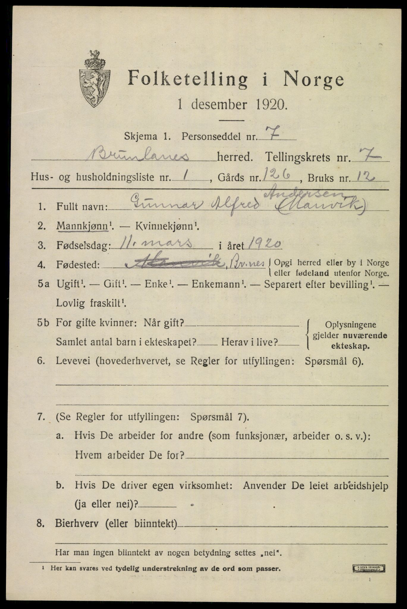 SAKO, 1920 census for Brunlanes, 1920, p. 7067