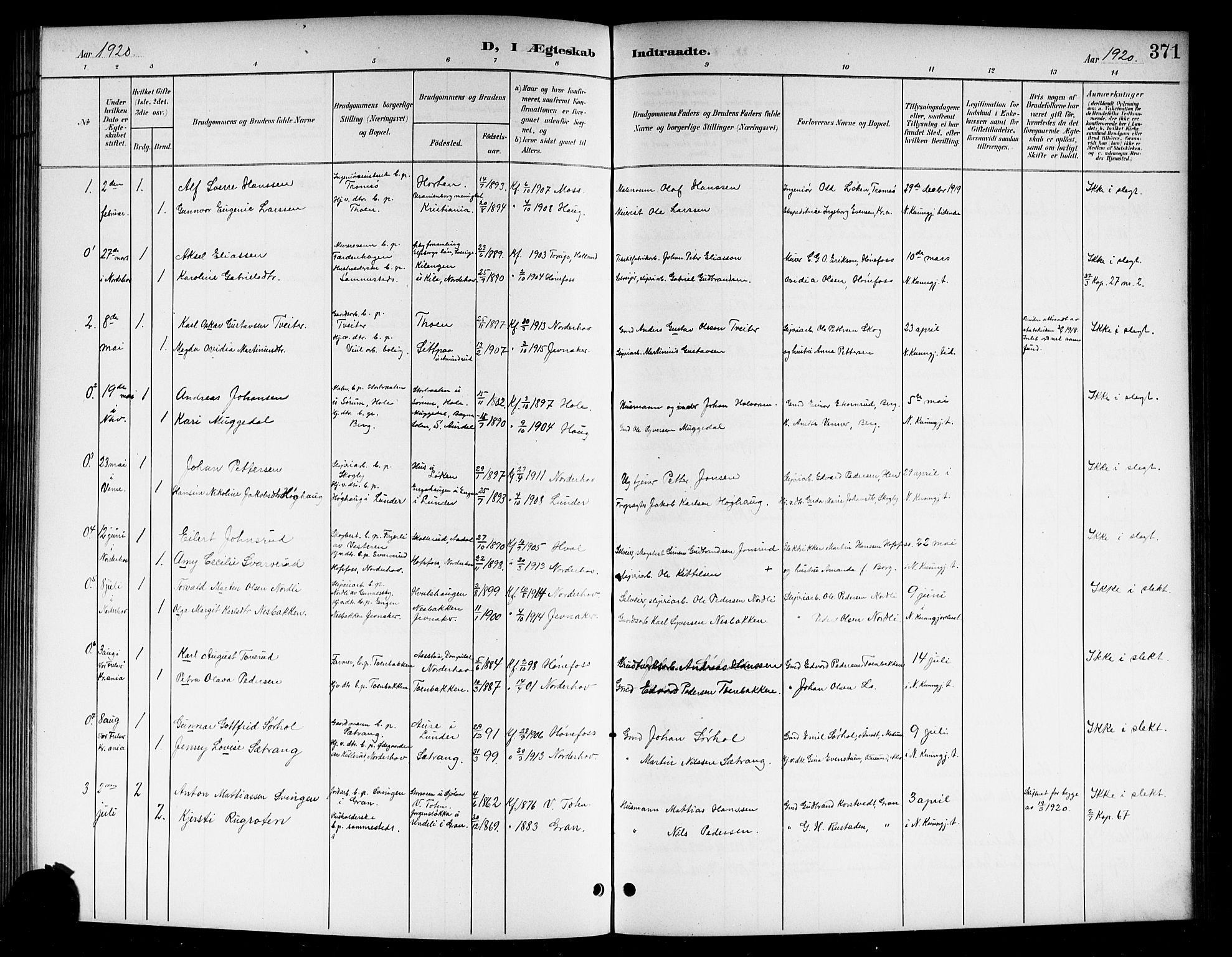Norderhov kirkebøker, SAKO/A-237/G/Gb/L0002: Parish register (copy) no. II 2, 1891-1921, p. 371