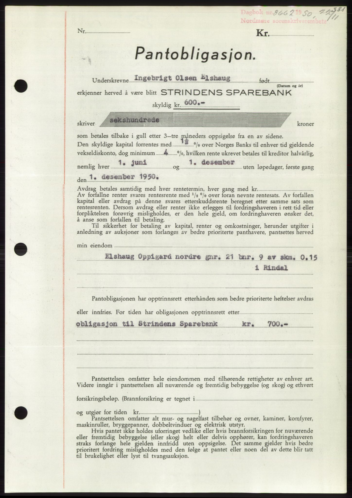 Nordmøre sorenskriveri, AV/SAT-A-4132/1/2/2Ca: Mortgage book no. B106, 1950-1950, Diary no: : 3662/1950