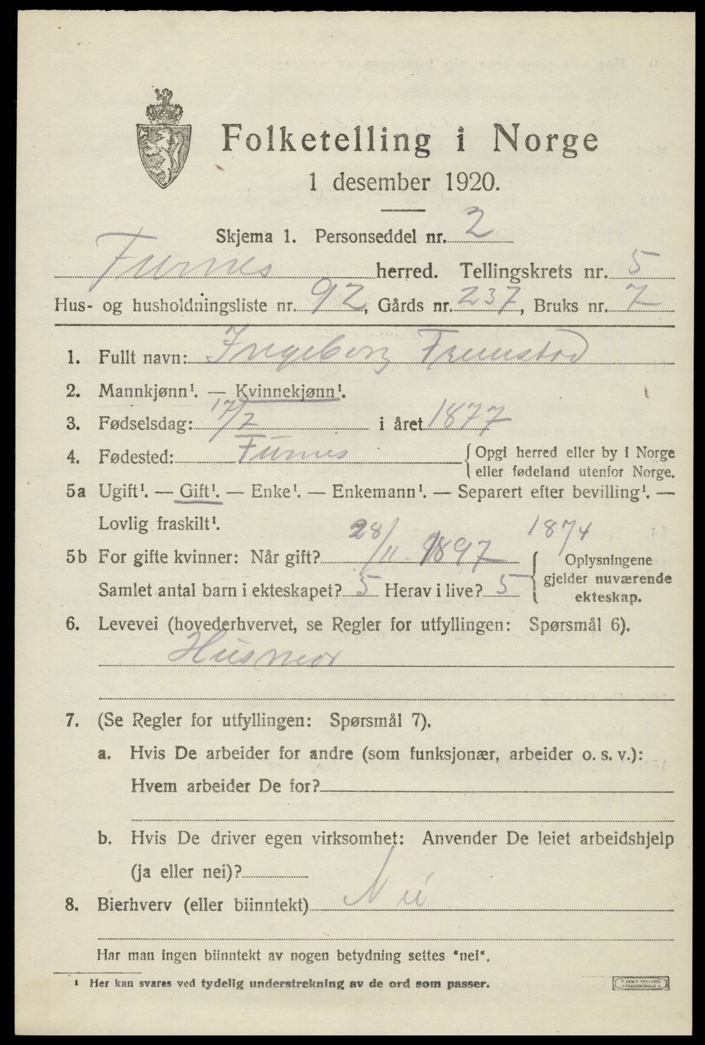 SAH, 1920 census for Furnes, 1920, p. 8167