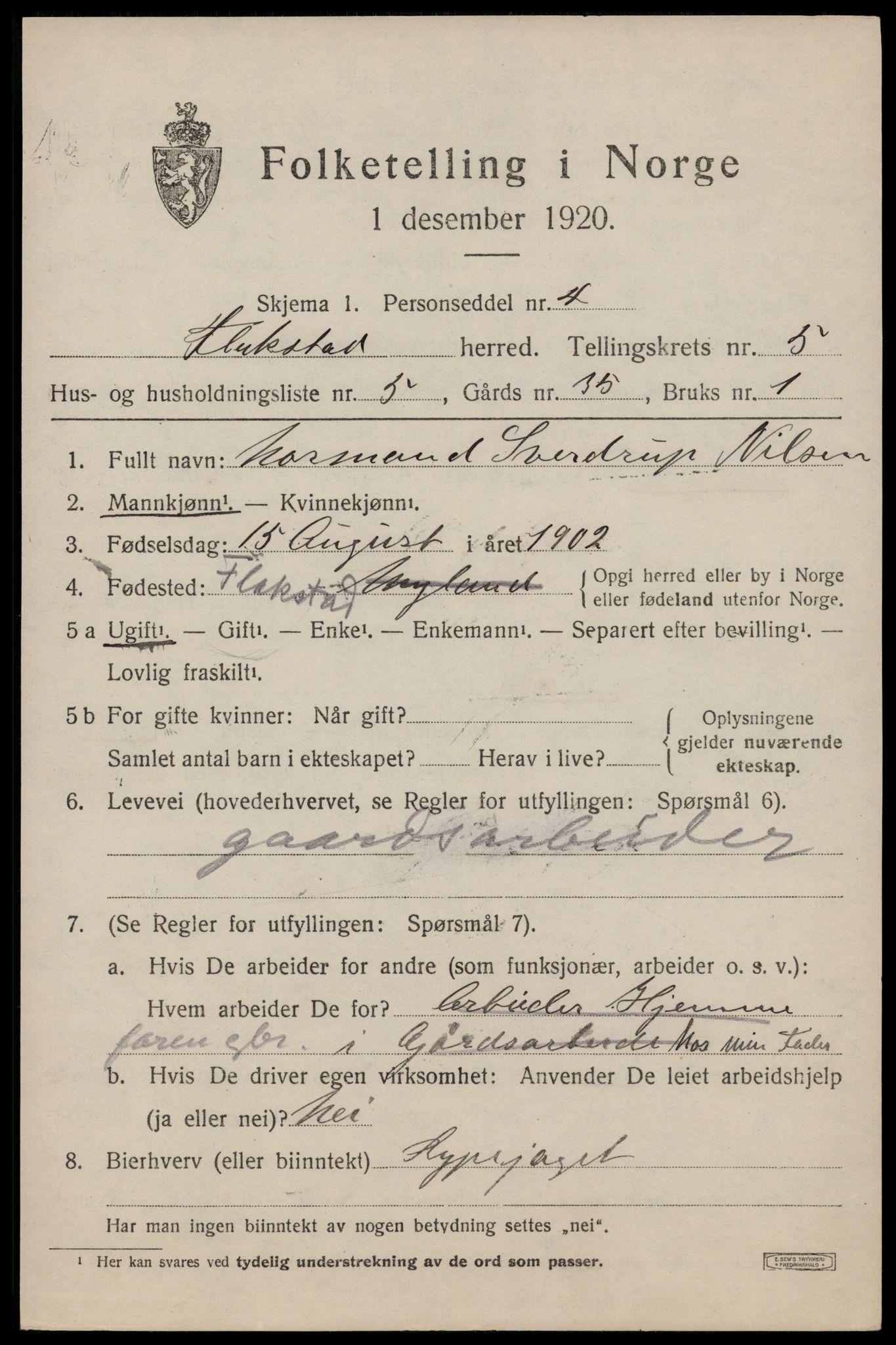 SAT, 1920 census for Flakstad, 1920, p. 3557