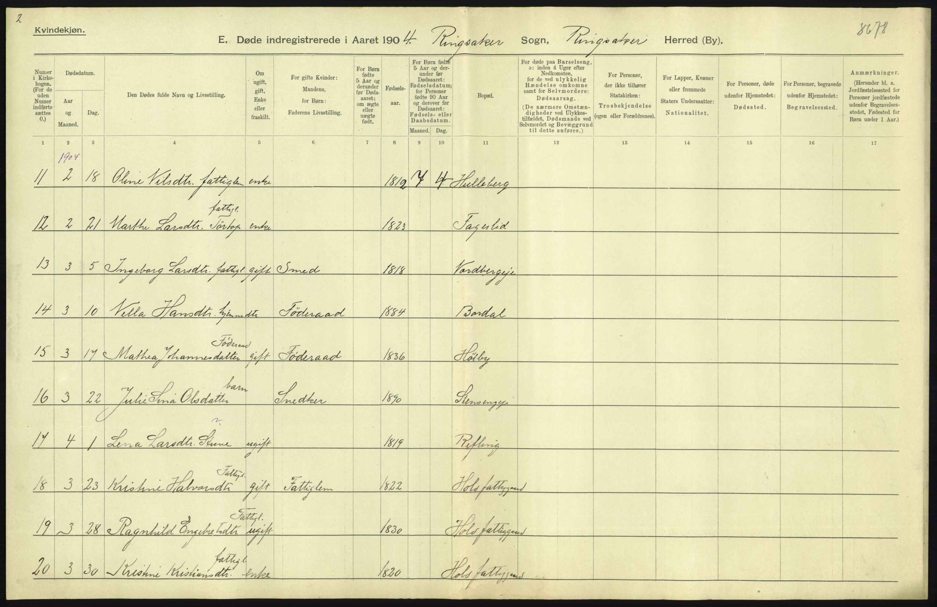 Statistisk sentralbyrå, Sosiodemografiske emner, Befolkning, AV/RA-S-2228/D/Df/Dfa/Dfab/L0005: Hedemarkens amt: Fødte, gifte, døde, 1904, p. 649