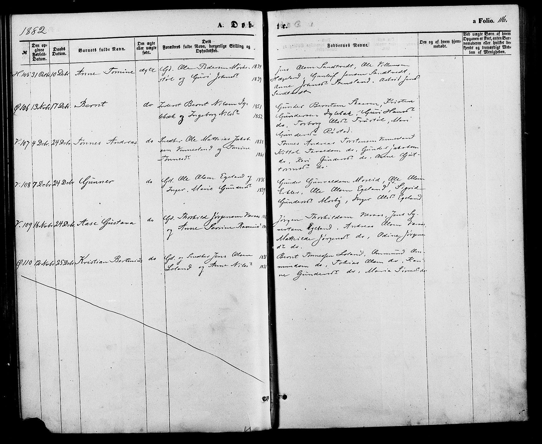 Vennesla sokneprestkontor, SAK/1111-0045/Fa/Fac/L0008: Parish register (official) no. A 8, 1874-1883, p. 116