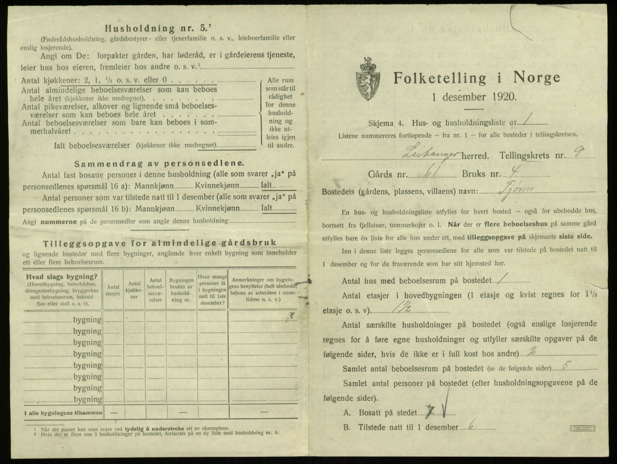 SAB, 1920 census for Leikanger, 1920, p. 862