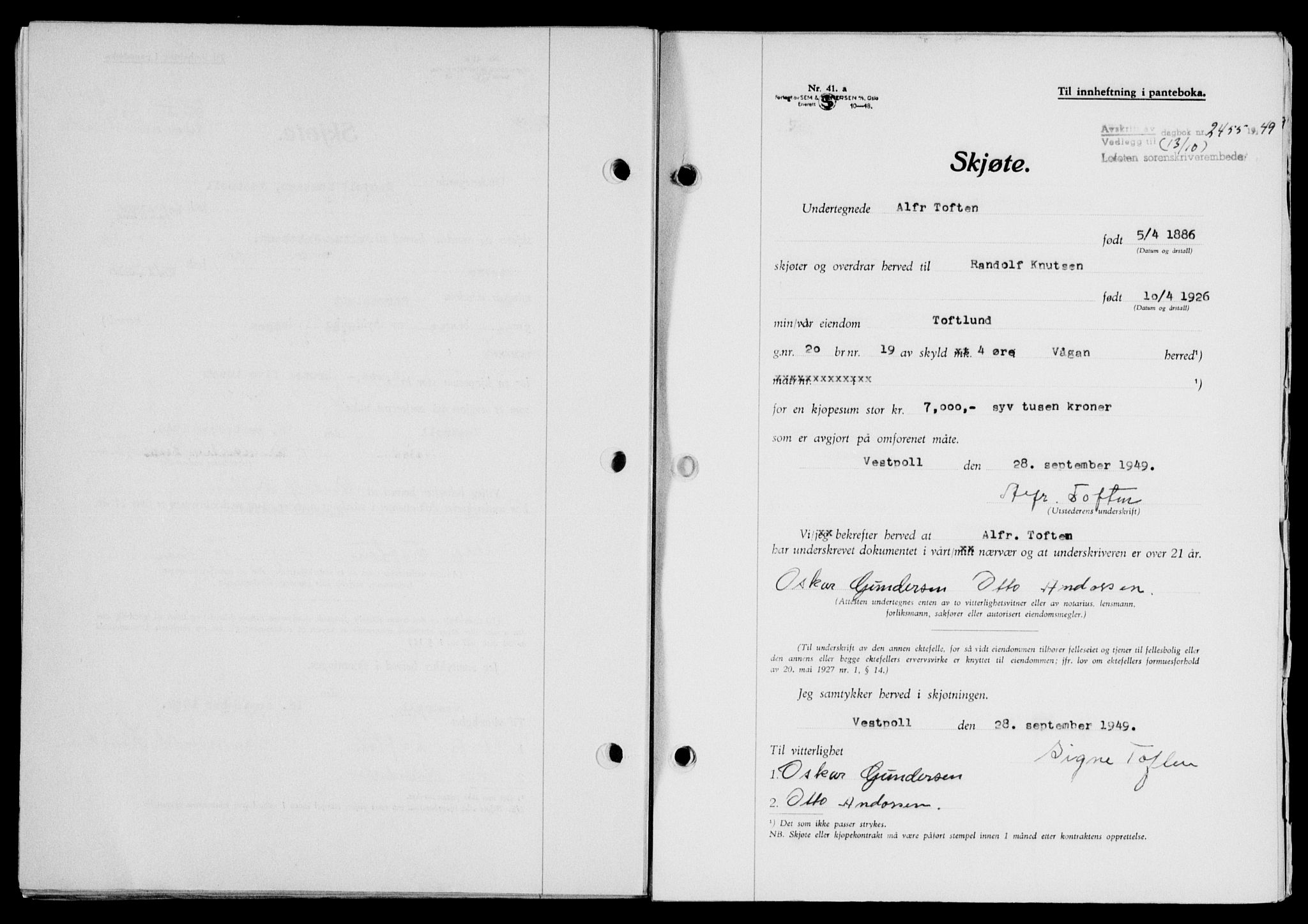 Lofoten sorenskriveri, SAT/A-0017/1/2/2C/L0022a: Mortgage book no. 22a, 1949-1950, Diary no: : 2455/1949