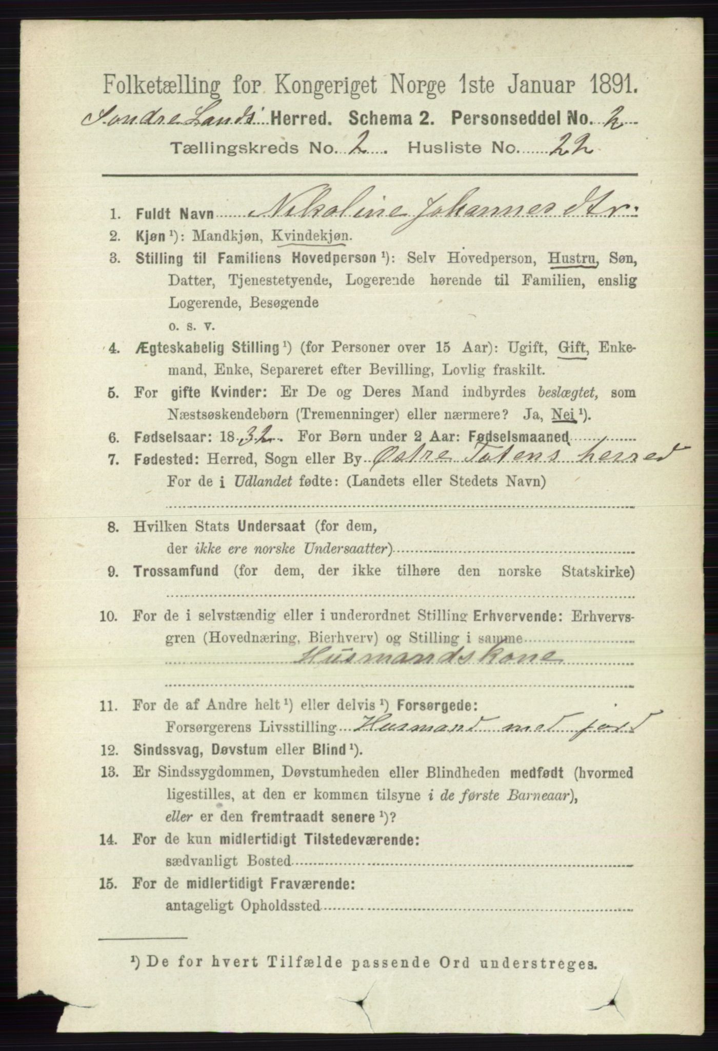 RA, 1891 census for 0536 Søndre Land, 1891, p. 1151