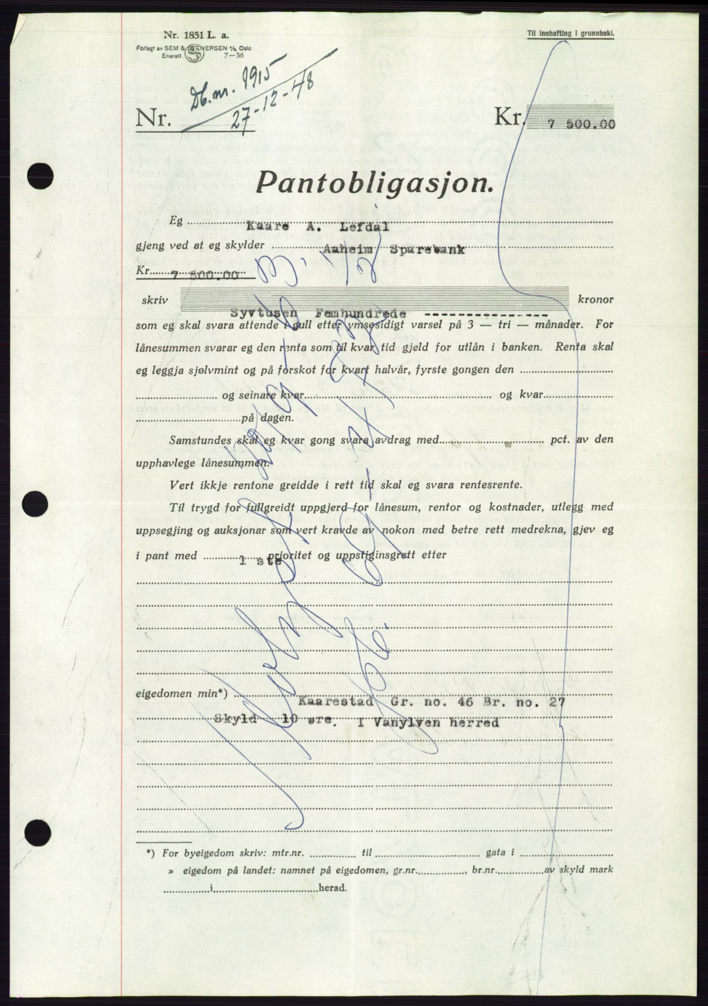 Søre Sunnmøre sorenskriveri, AV/SAT-A-4122/1/2/2C/L0116: Mortgage book no. 4B, 1948-1949, Diary no: : 1915/1948