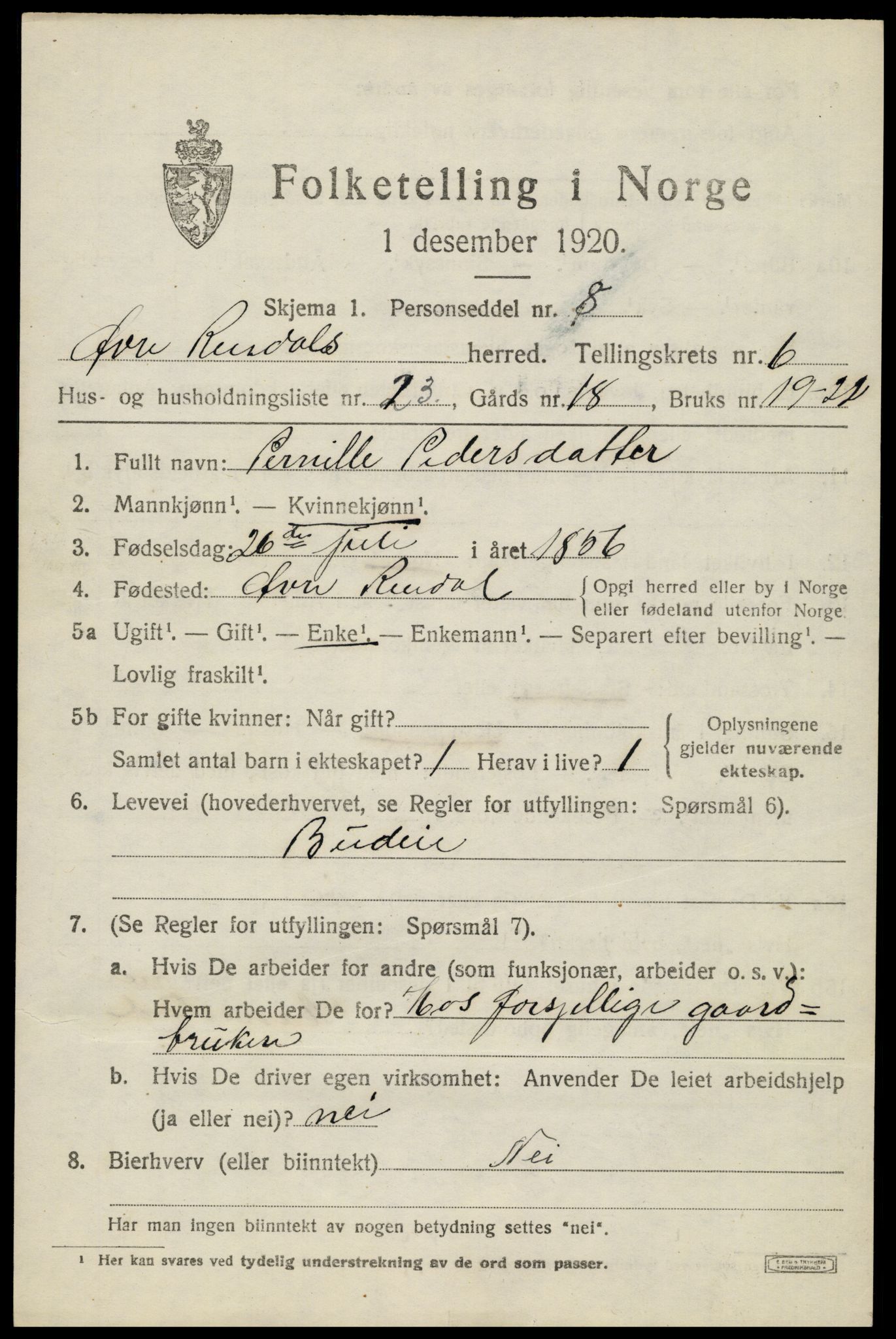 SAH, 1920 census for Øvre Rendal, 1920, p. 2447