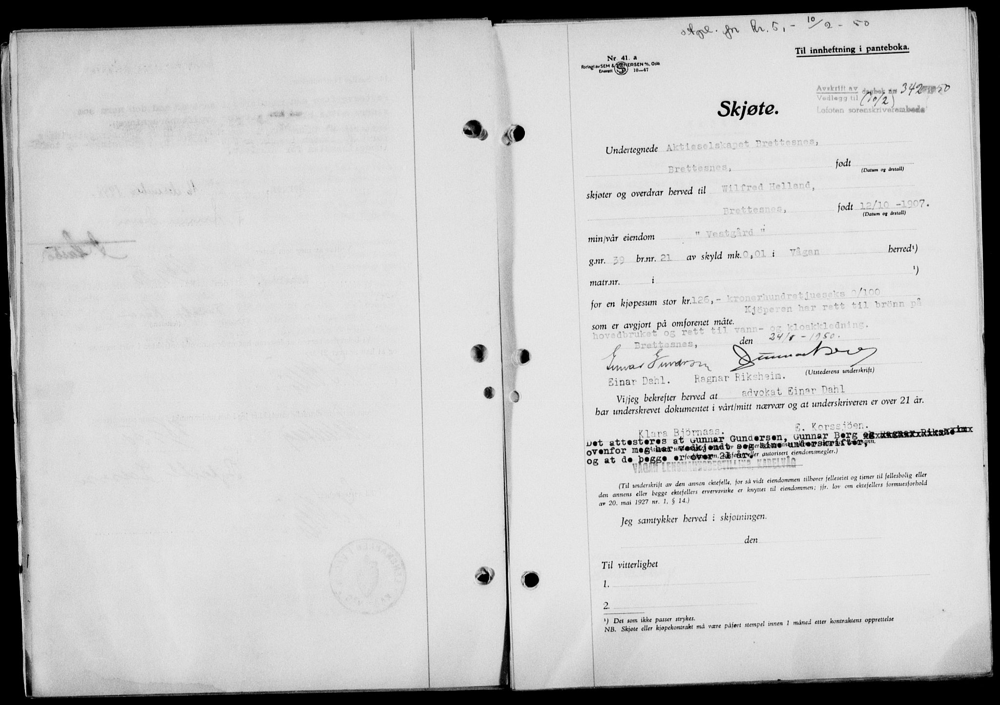 Lofoten sorenskriveri, SAT/A-0017/1/2/2C/L0023a: Mortgage book no. 23a, 1950-1950, Diary no: : 342/1950