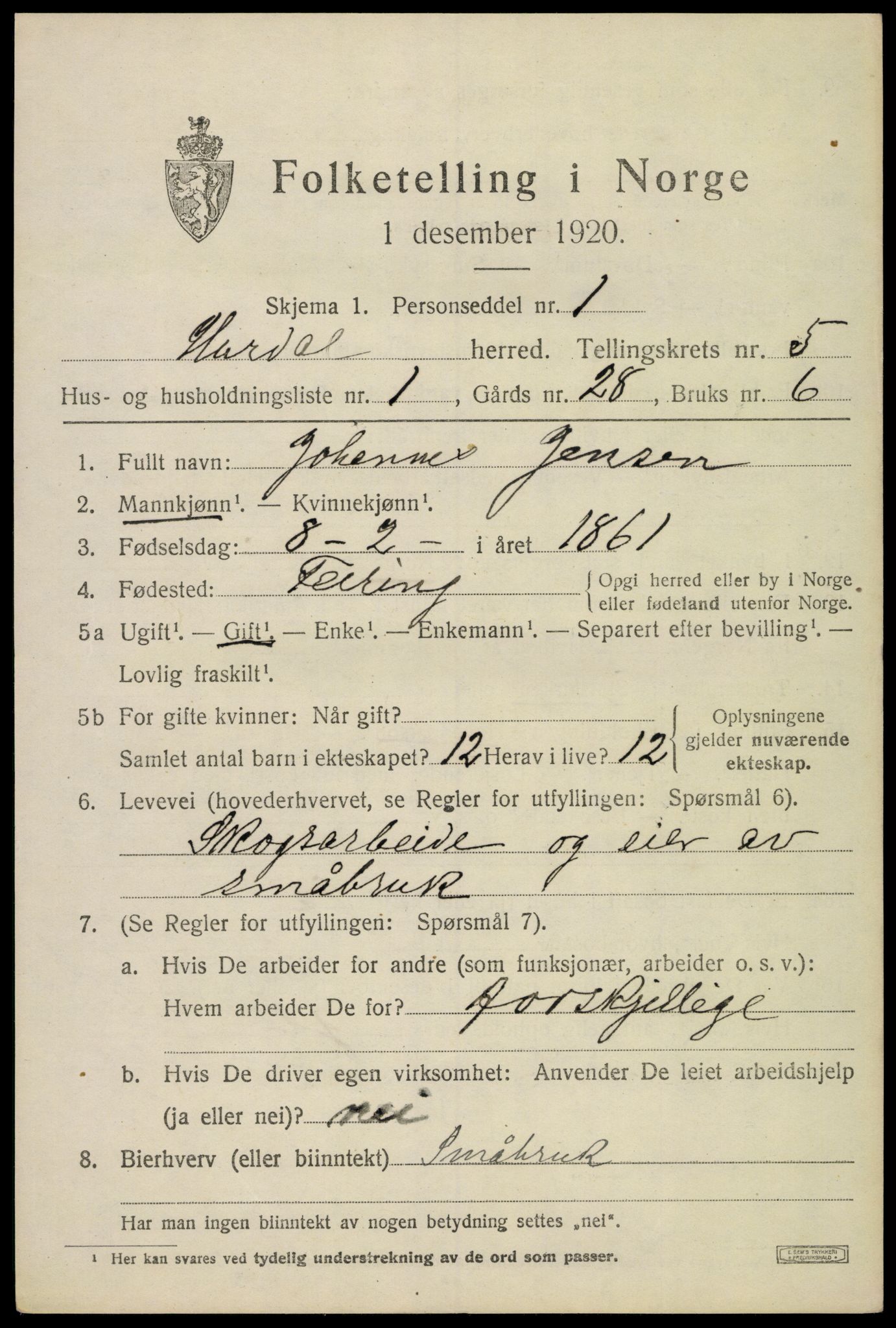 SAO, 1920 census for Hurdal, 1920, p. 2936