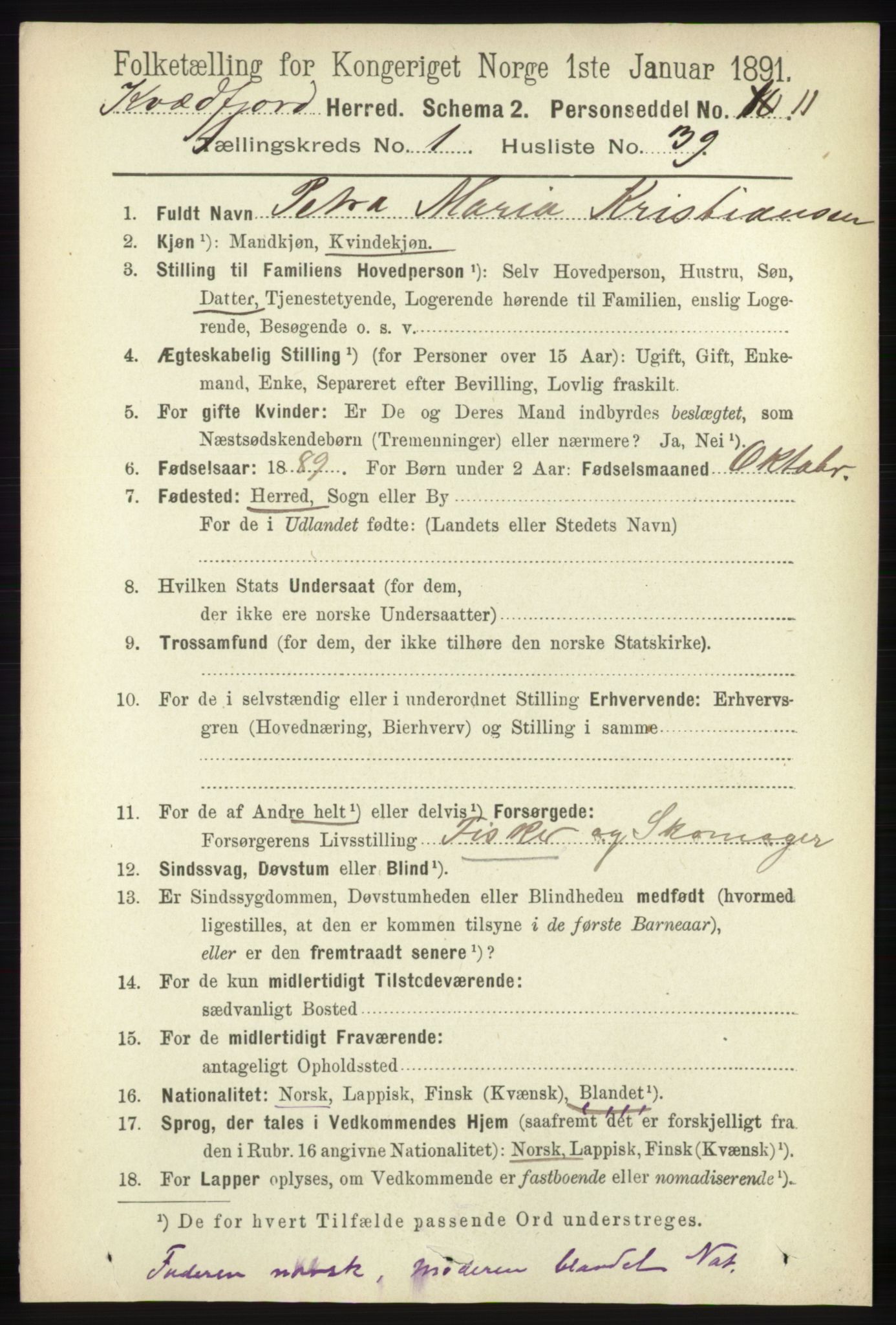 RA, 1891 census for 1911 Kvæfjord, 1891, p. 345