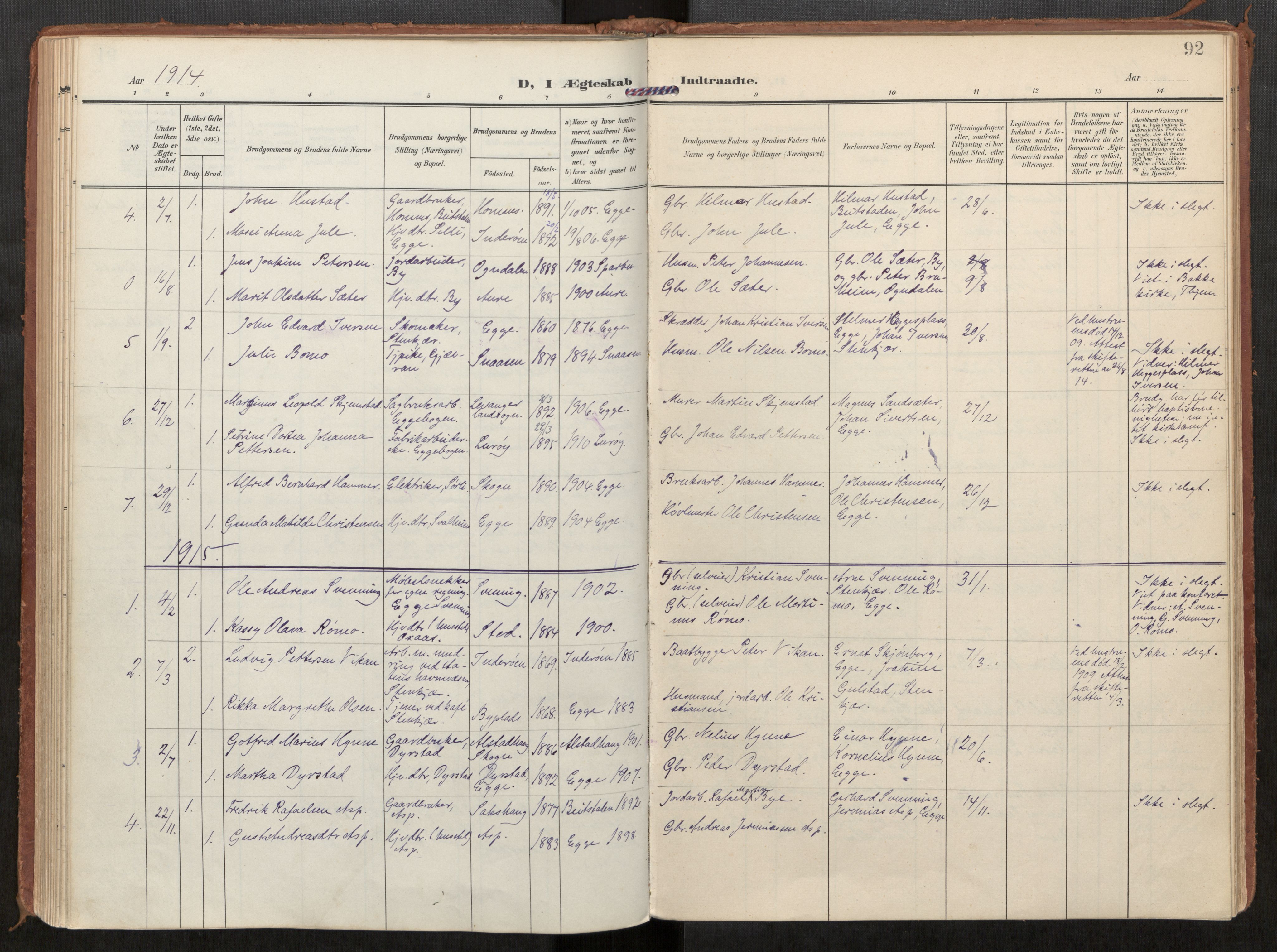 Steinkjer sokneprestkontor, AV/SAT-A-1541/01/H/Ha/Haa/L0002: Parish register (official) no. 2, 1907-1917, p. 92