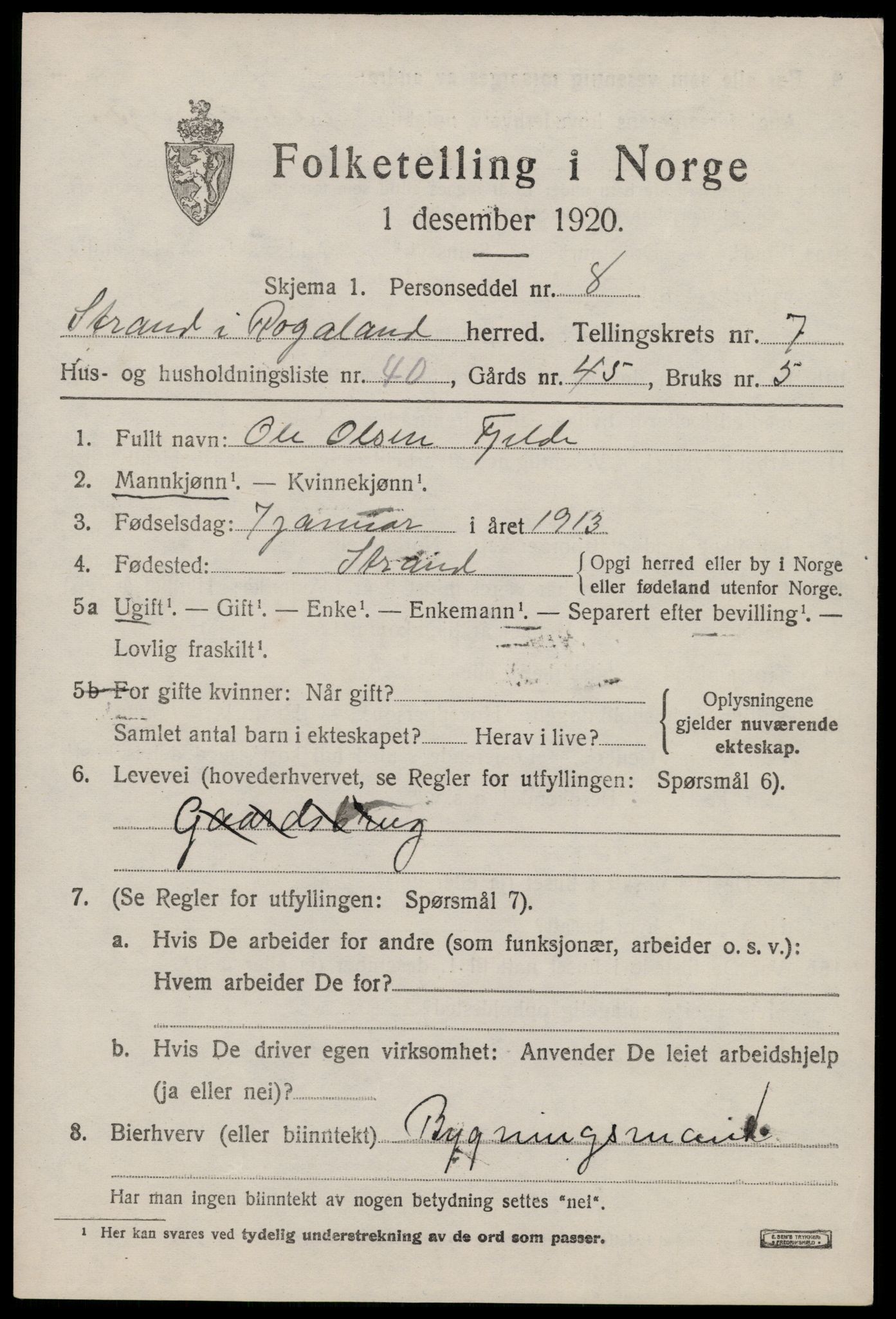 SAST, 1920 census for Strand, 1920, p. 4932