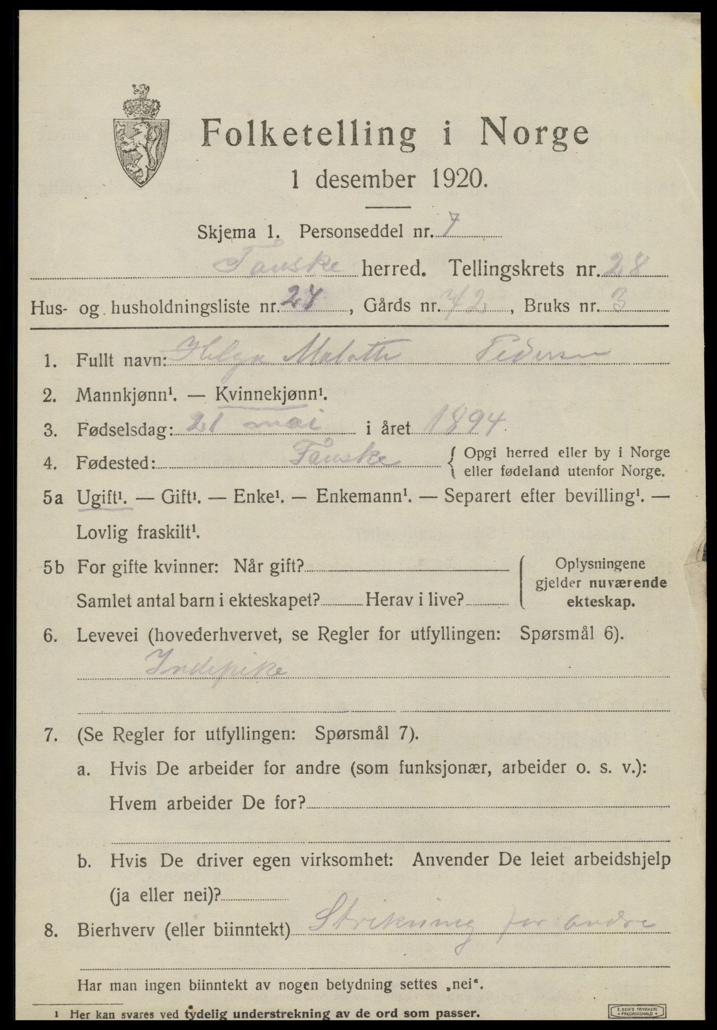 SAT, 1920 census for Fauske, 1920, p. 17394