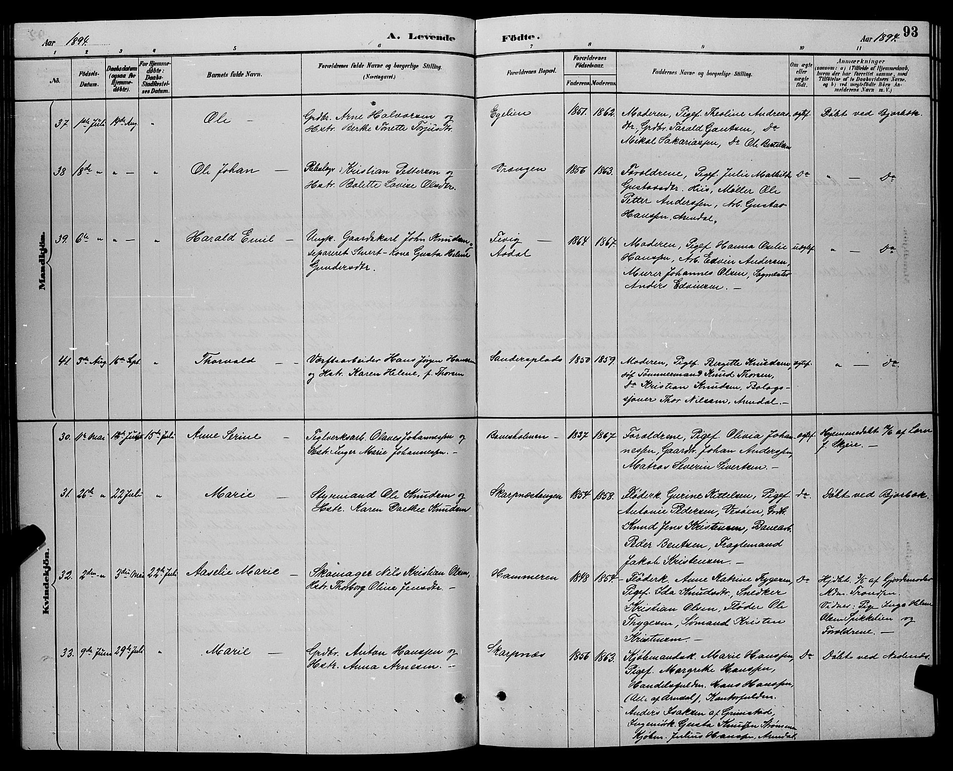 Øyestad sokneprestkontor, AV/SAK-1111-0049/F/Fb/L0009: Parish register (copy) no. B 9, 1886-1896, p. 93