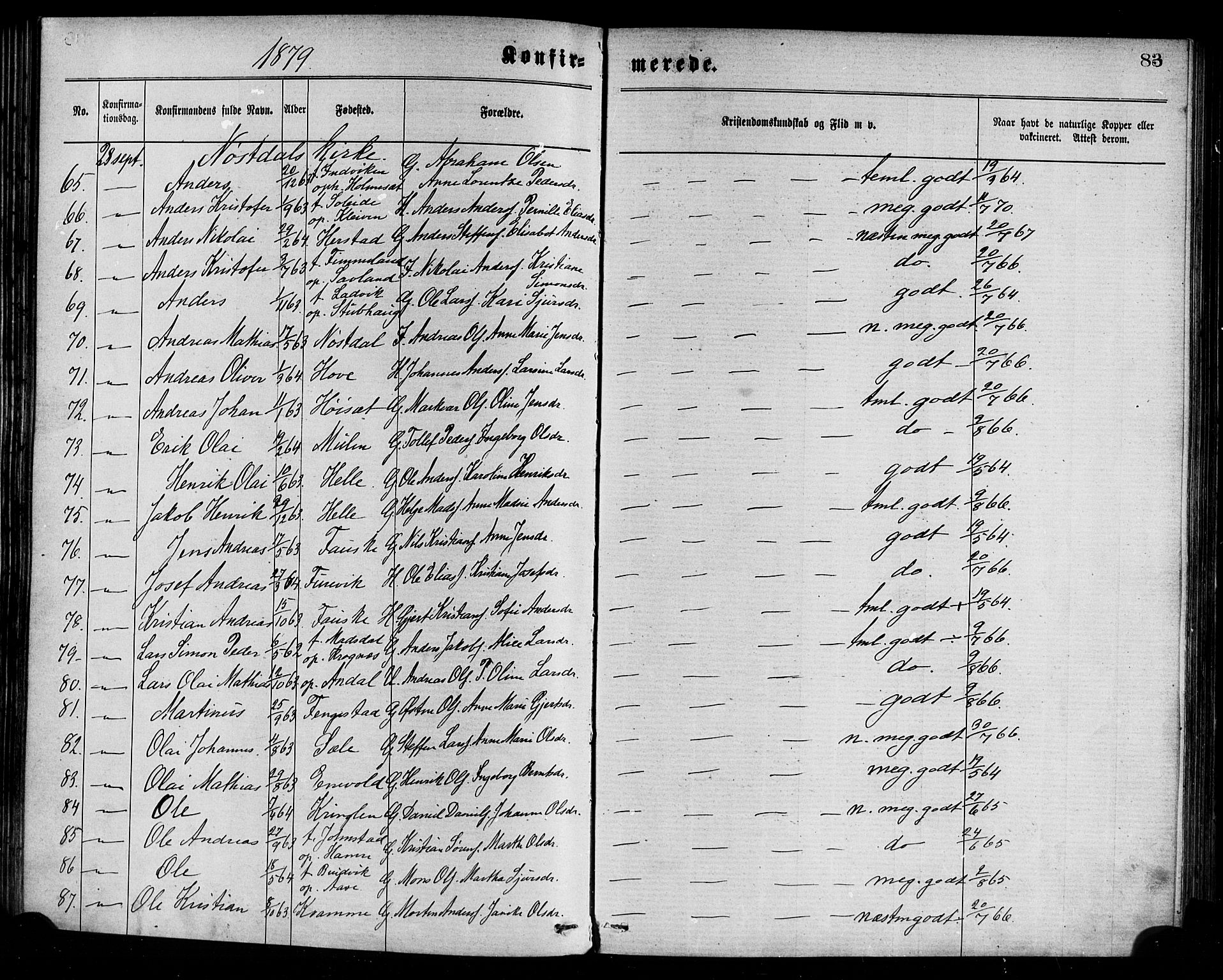 Førde sokneprestembete, AV/SAB-A-79901/H/Haa/Haaa/L0011: Parish register (official) no. A 11, 1877-1880, p. 83