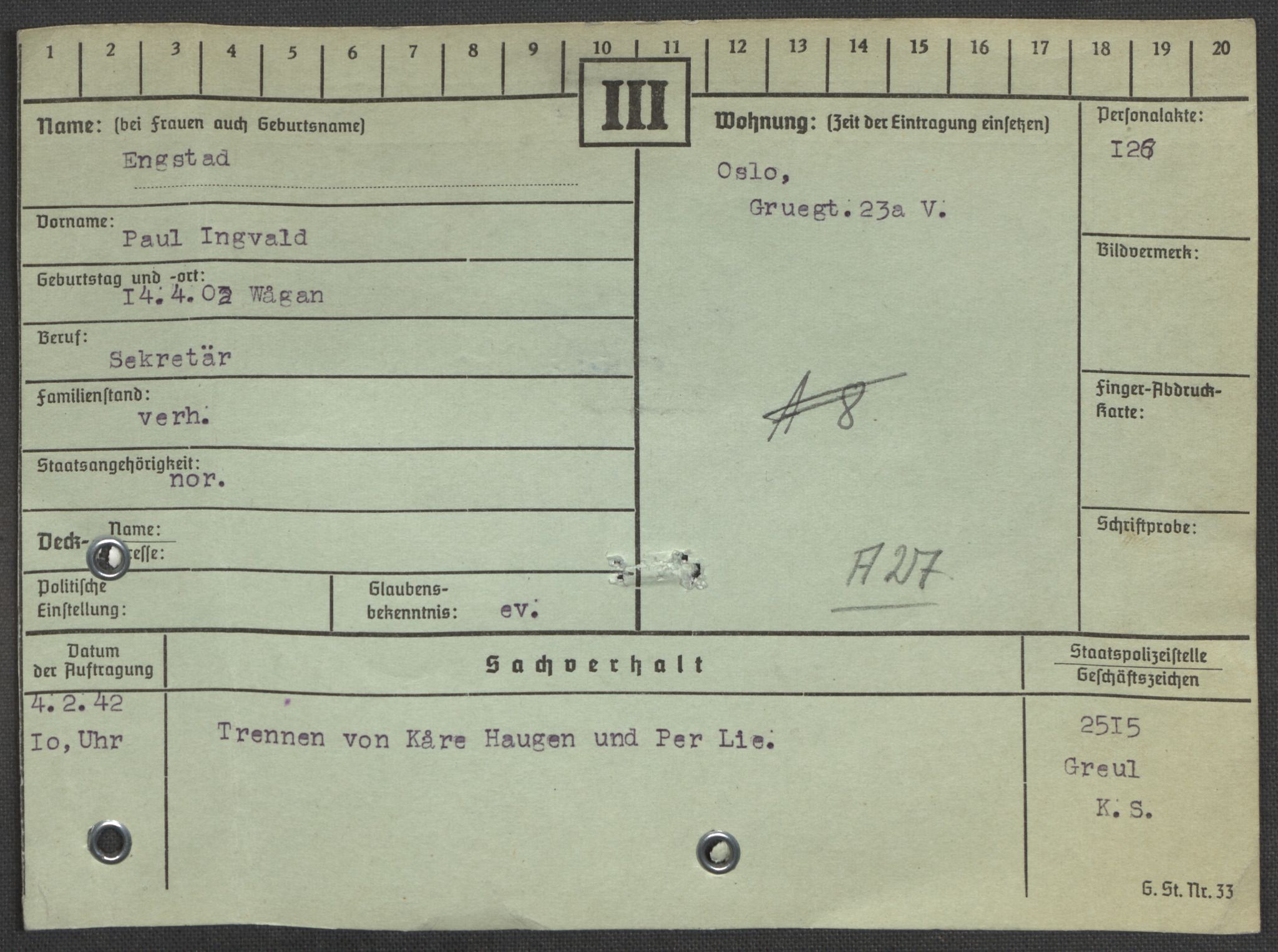 Befehlshaber der Sicherheitspolizei und des SD, AV/RA-RAFA-5969/E/Ea/Eaa/L0003: Register over norske fanger i Møllergata 19: Eng-Hag, 1940-1945, p. 18