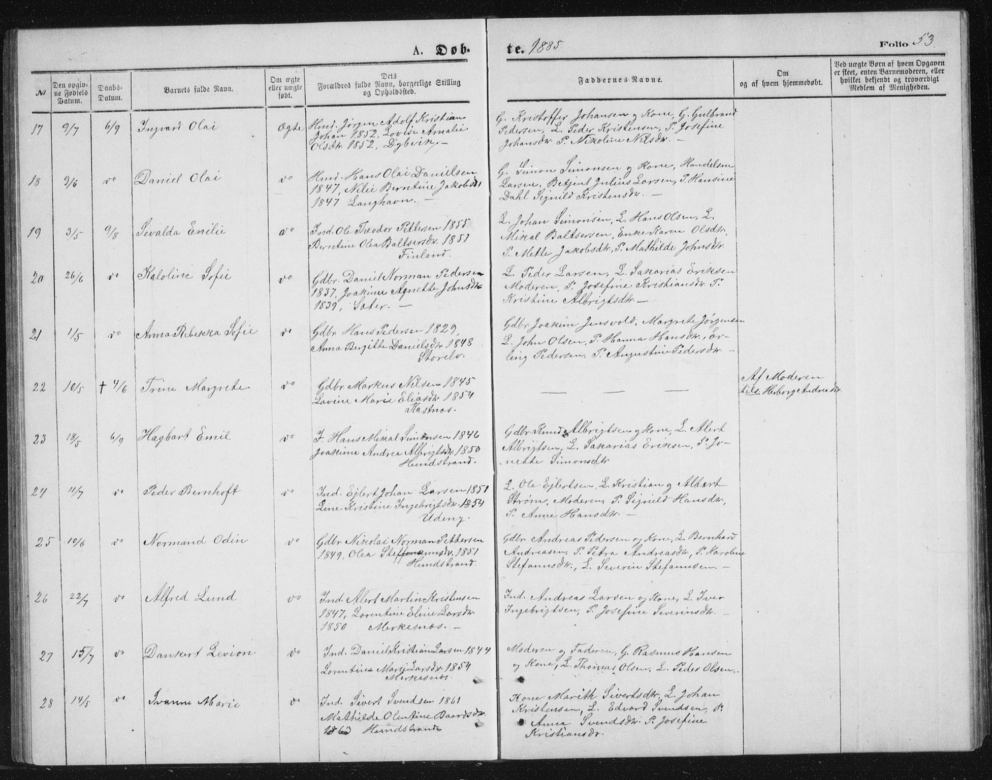 Tranøy sokneprestkontor, AV/SATØ-S-1313/I/Ia/Iab/L0013klokker: Parish register (copy) no. 13, 1874-1896, p. 53