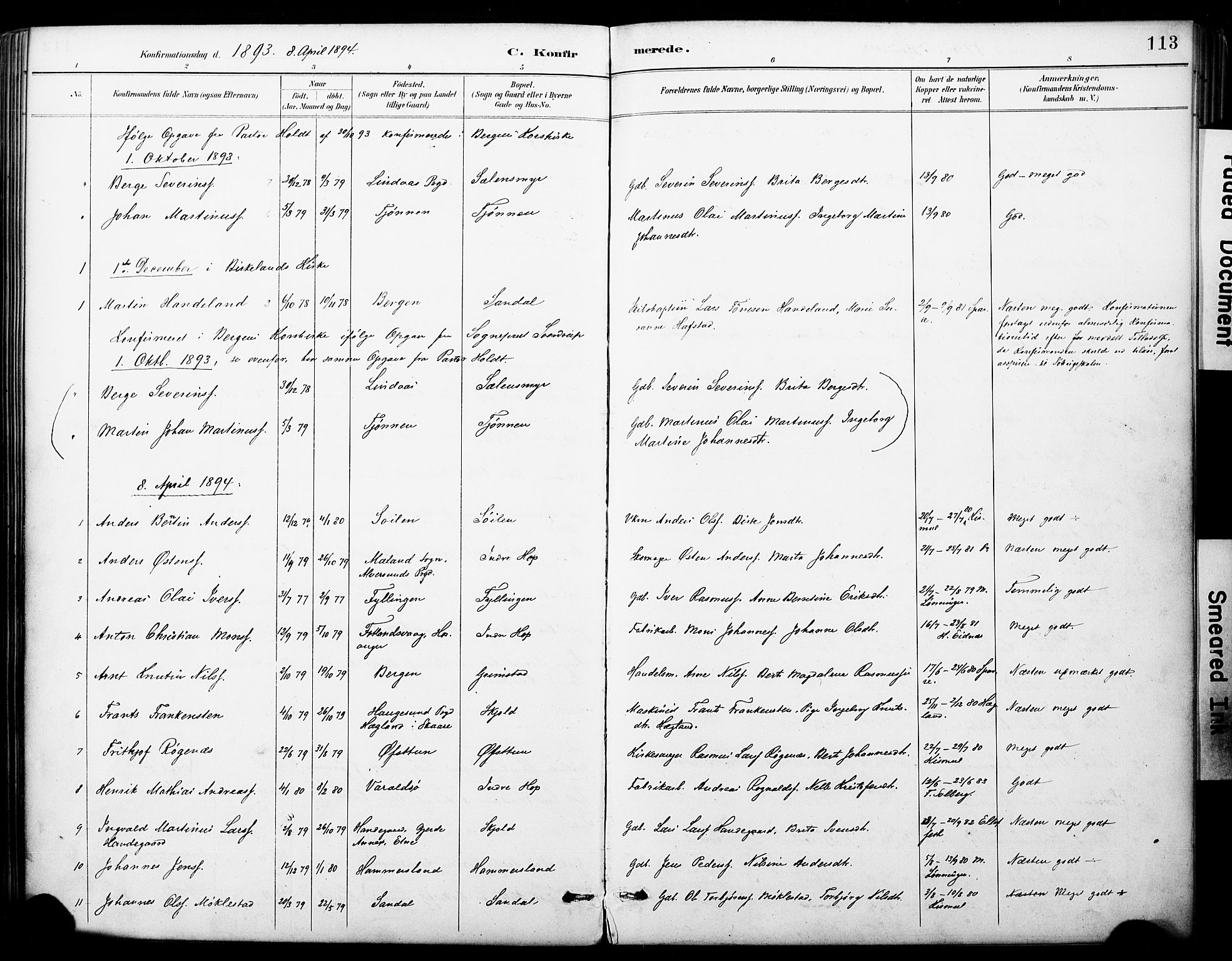 Fana Sokneprestembete, AV/SAB-A-75101/H/Haa/Haai/L0002: Parish register (official) no. I 2, 1888-1899, p. 113