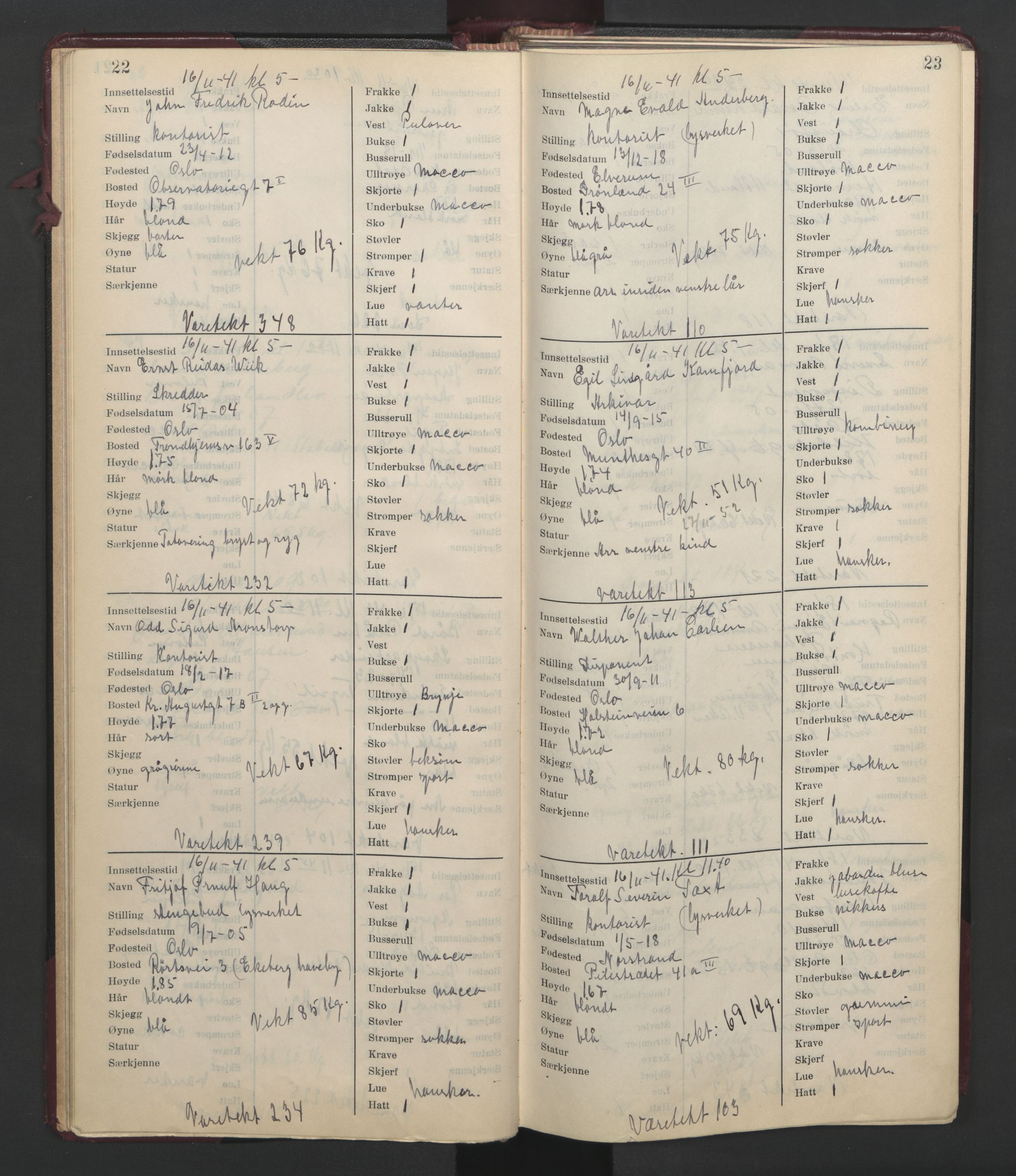Statspolitiet - Hovedkontoret / Osloavdelingen, AV/RA-S-1329/C/Cl/L0014: Mottakelsesprotokoll, 1941-1944, p. 22-23