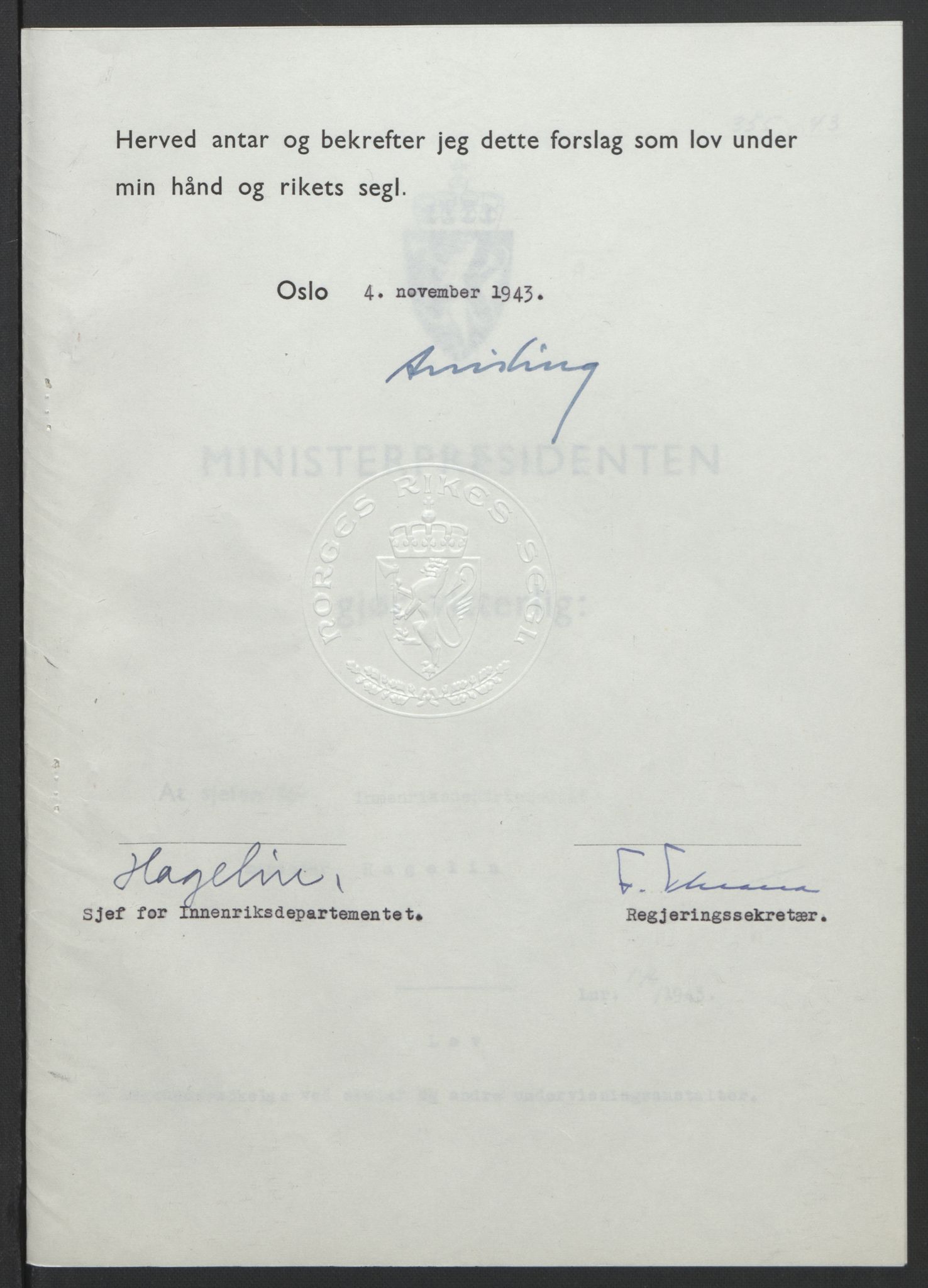 NS-administrasjonen 1940-1945 (Statsrådsekretariatet, de kommisariske statsråder mm), RA/S-4279/D/Db/L0099: Lover, 1943, p. 687