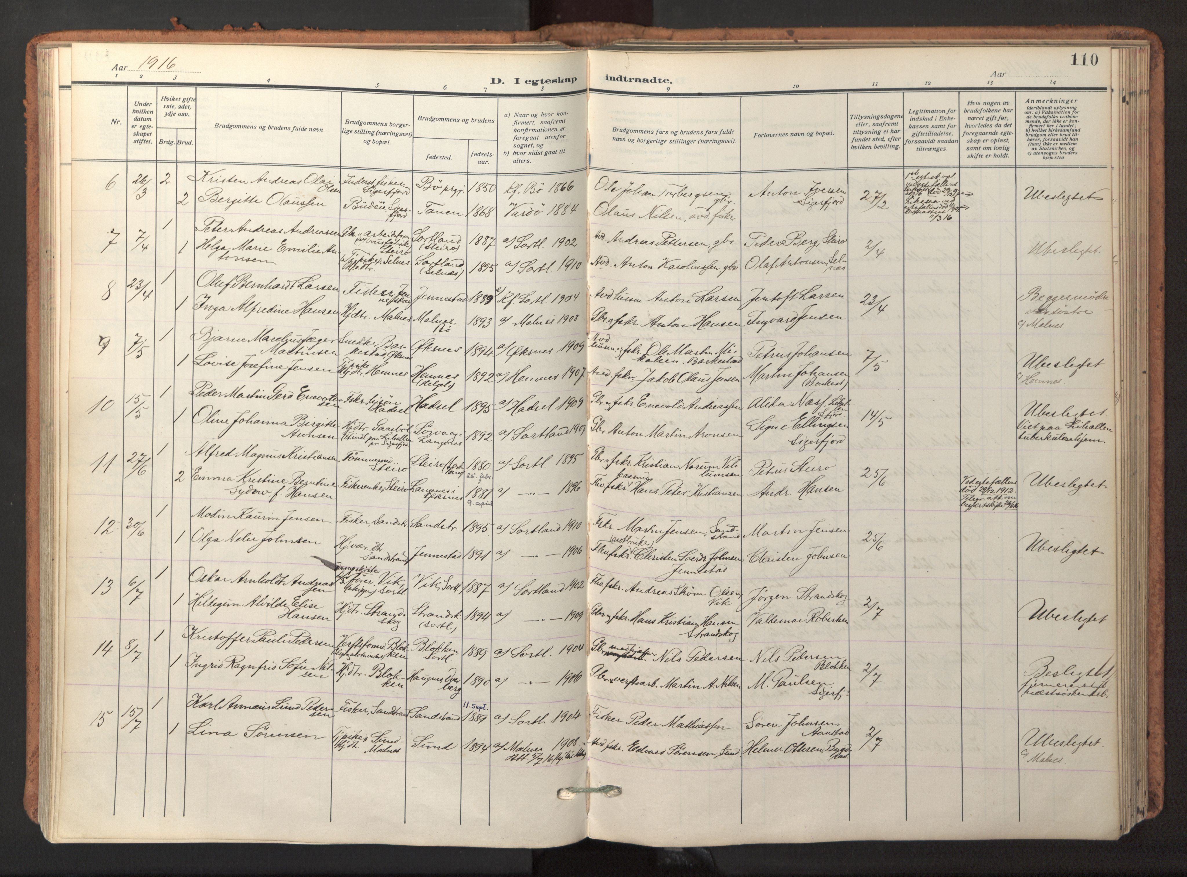 Ministerialprotokoller, klokkerbøker og fødselsregistre - Nordland, AV/SAT-A-1459/895/L1374: Parish register (official) no. 895A09, 1915-1925, p. 110