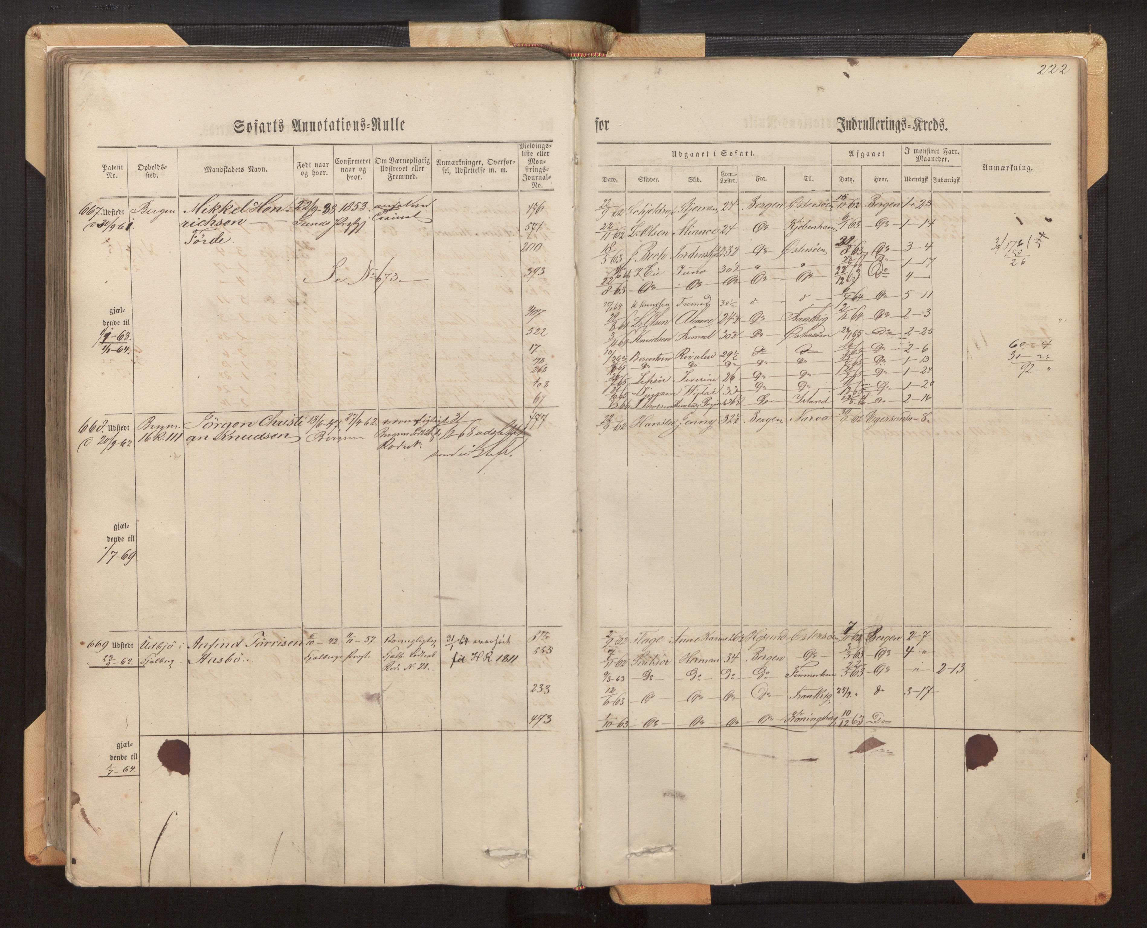 Innrulleringssjefen i Bergen, AV/SAB-A-100050/F/Fh/L0005: Sjøfarts- og annotasjonsrulle for Bergen krets, fol. 1 - 238, 1860-1867, p. 222