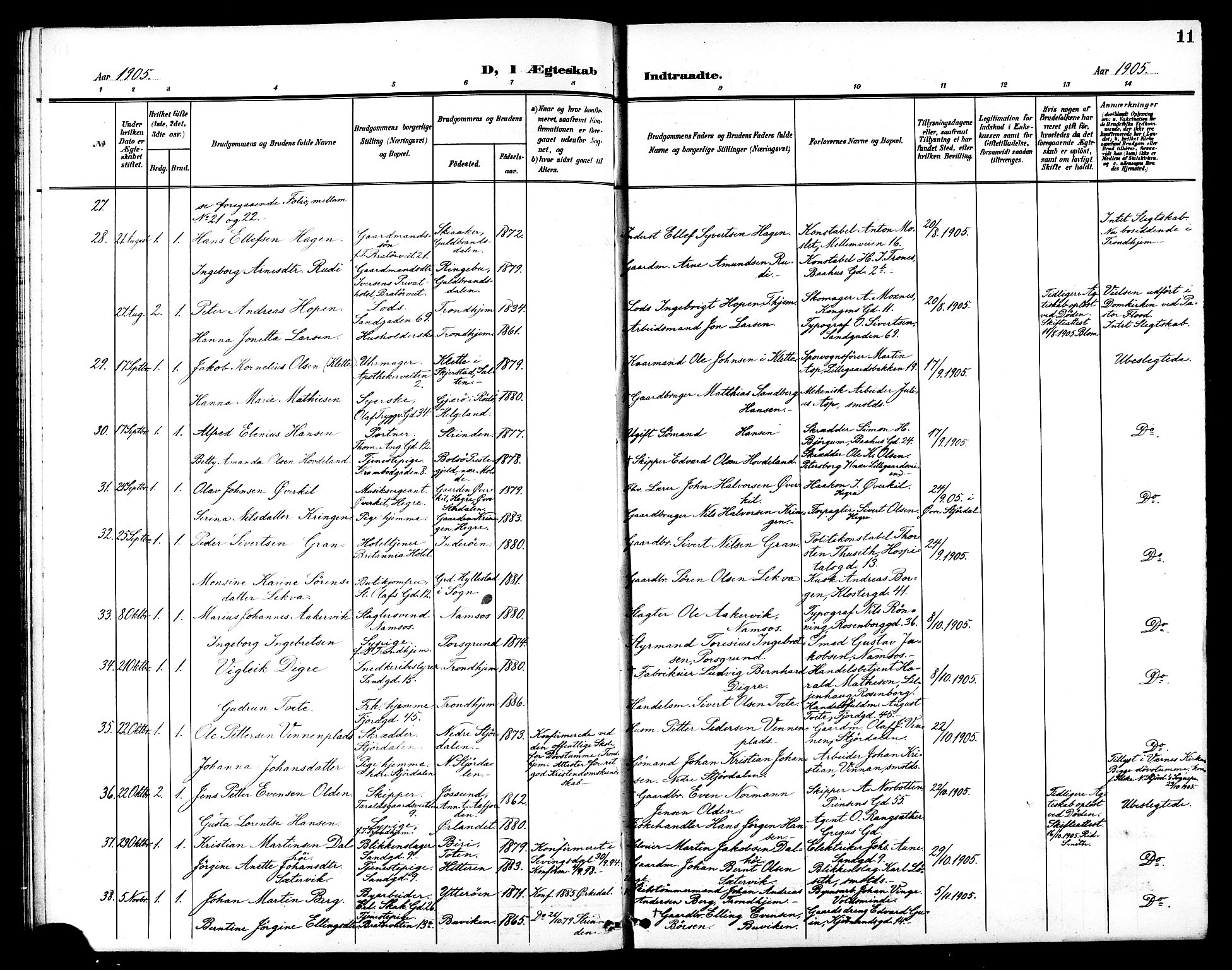 Ministerialprotokoller, klokkerbøker og fødselsregistre - Sør-Trøndelag, SAT/A-1456/602/L0145: Parish register (copy) no. 602C13, 1902-1919, p. 11
