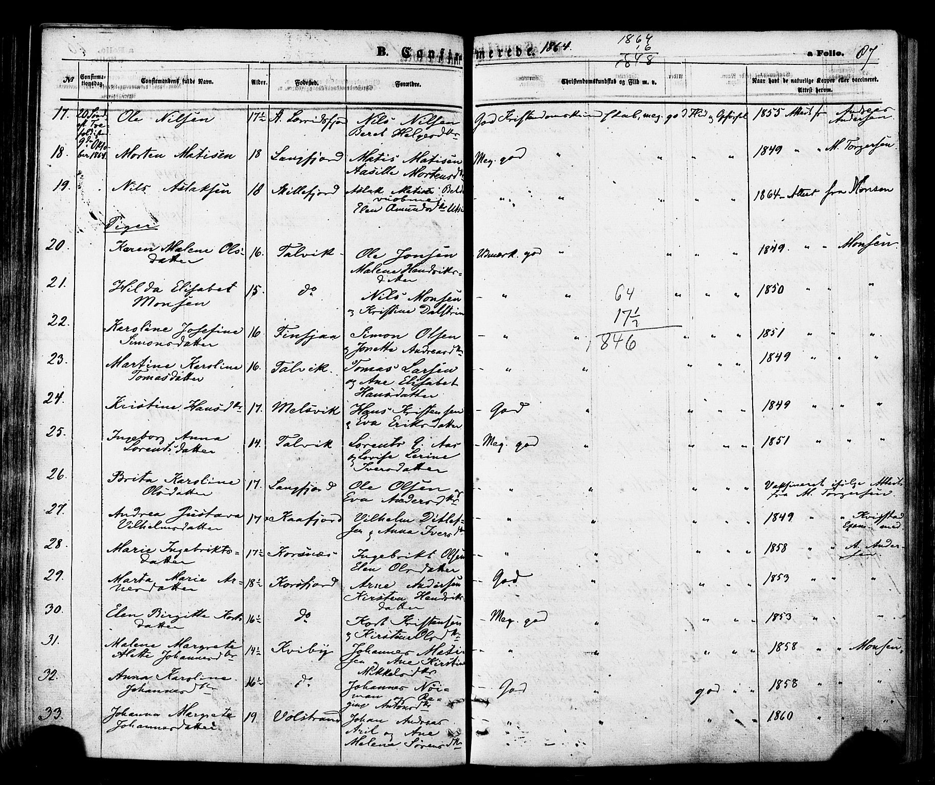 Talvik sokneprestkontor, SATØ/S-1337/H/Ha/L0011kirke: Parish register (official) no. 11, 1864-1877, p. 87