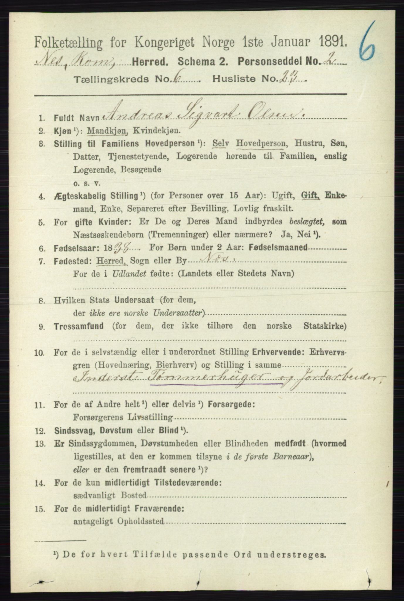 RA, 1891 census for 0236 Nes, 1891, p. 3509