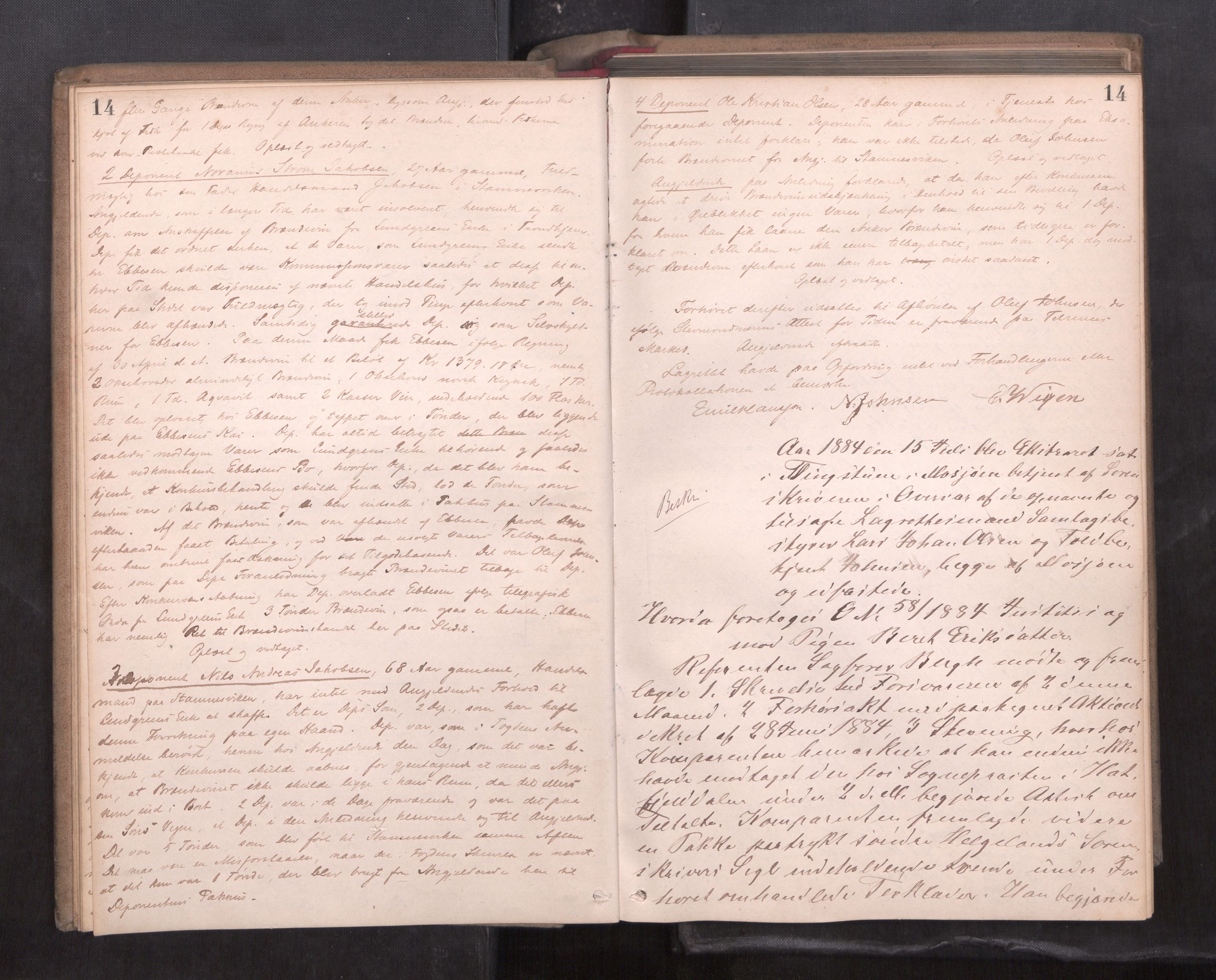 Søndre Helgeland sorenskriveri, AV/SAT-A-4575/1/1/1B/1Ba/L0013: ekstrarettsprotokoll, 1884-1887, p. 14
