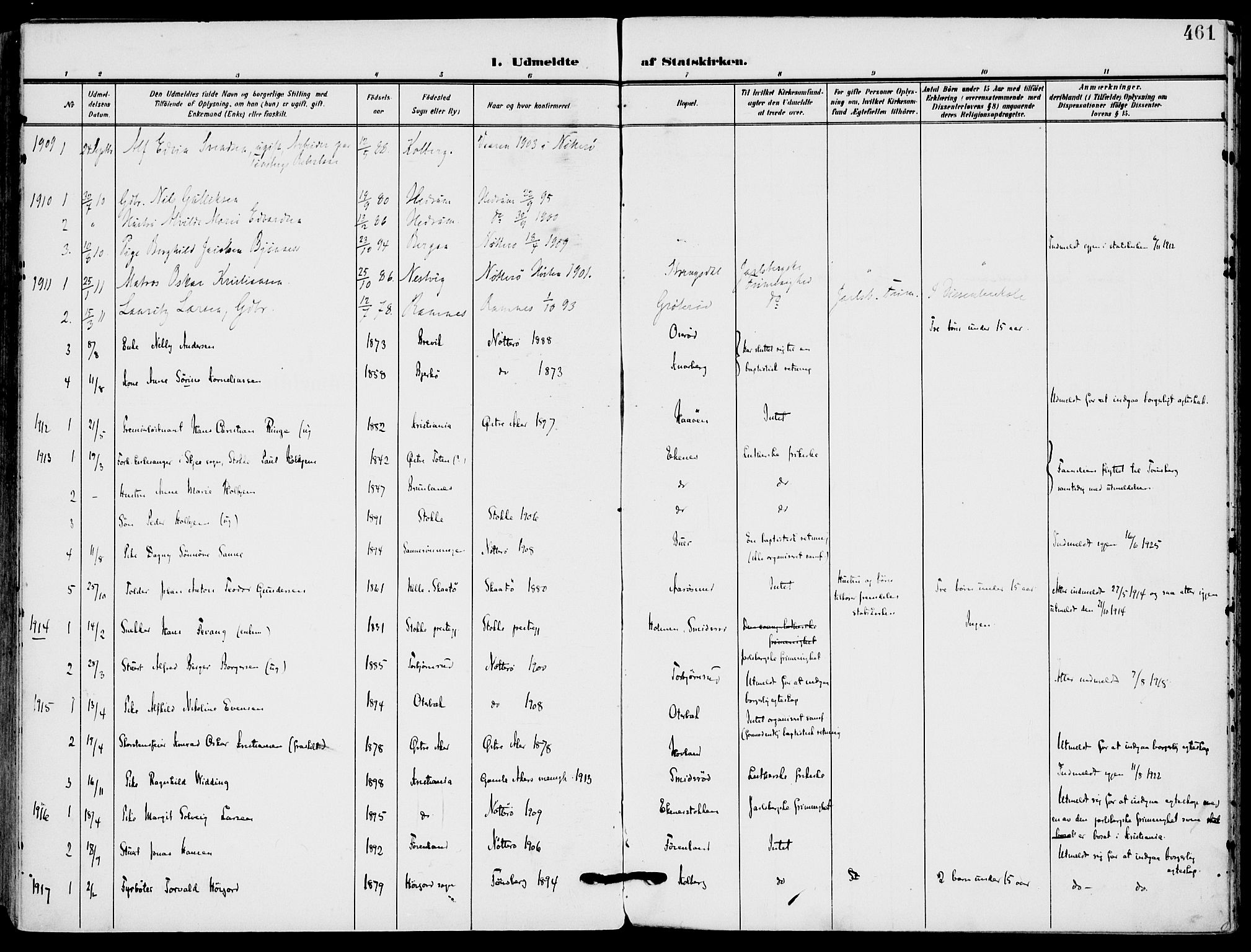 Nøtterøy kirkebøker, AV/SAKO-A-354/F/Fa/L0010: Parish register (official) no. I 10, 1908-1919, p. 461